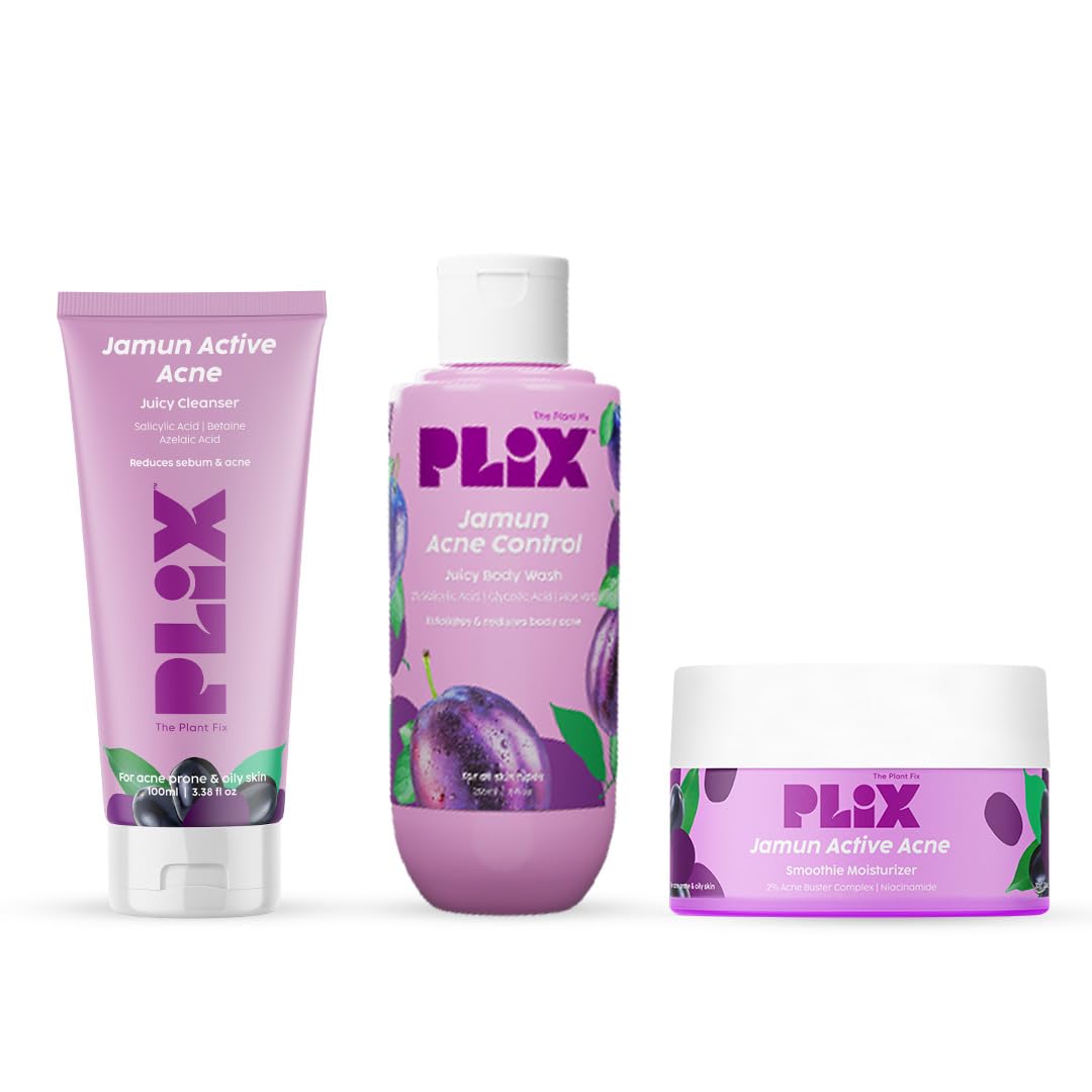 PLIX - THE PLANT FIX Jamun Skincare Combo Set | Cleanser, Body Wash & Acne Serum for Active Acne, Body Breakouts & Oil Control | Oily & Acne-Prone Skin Treatment | Prevents Back Acne | Perfect for Daily Skincare Routine & Gym Recovery