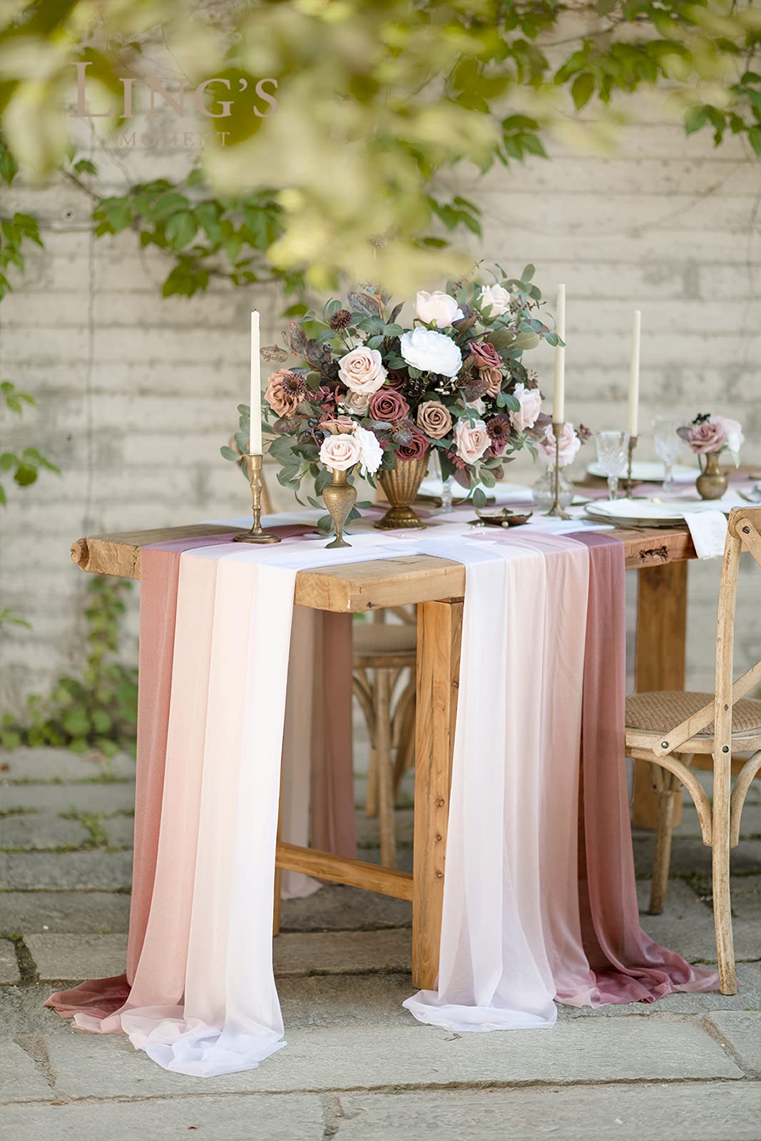 Ling's Moment 10ft Dusty Rose Weave Chiffon Wedding Table Runner with Silver Sparkle - Set of 8 Blush Pink Table Runners for Sweetheart Table, Bridal Shower, Anniversary & Romantic Dinner Decor