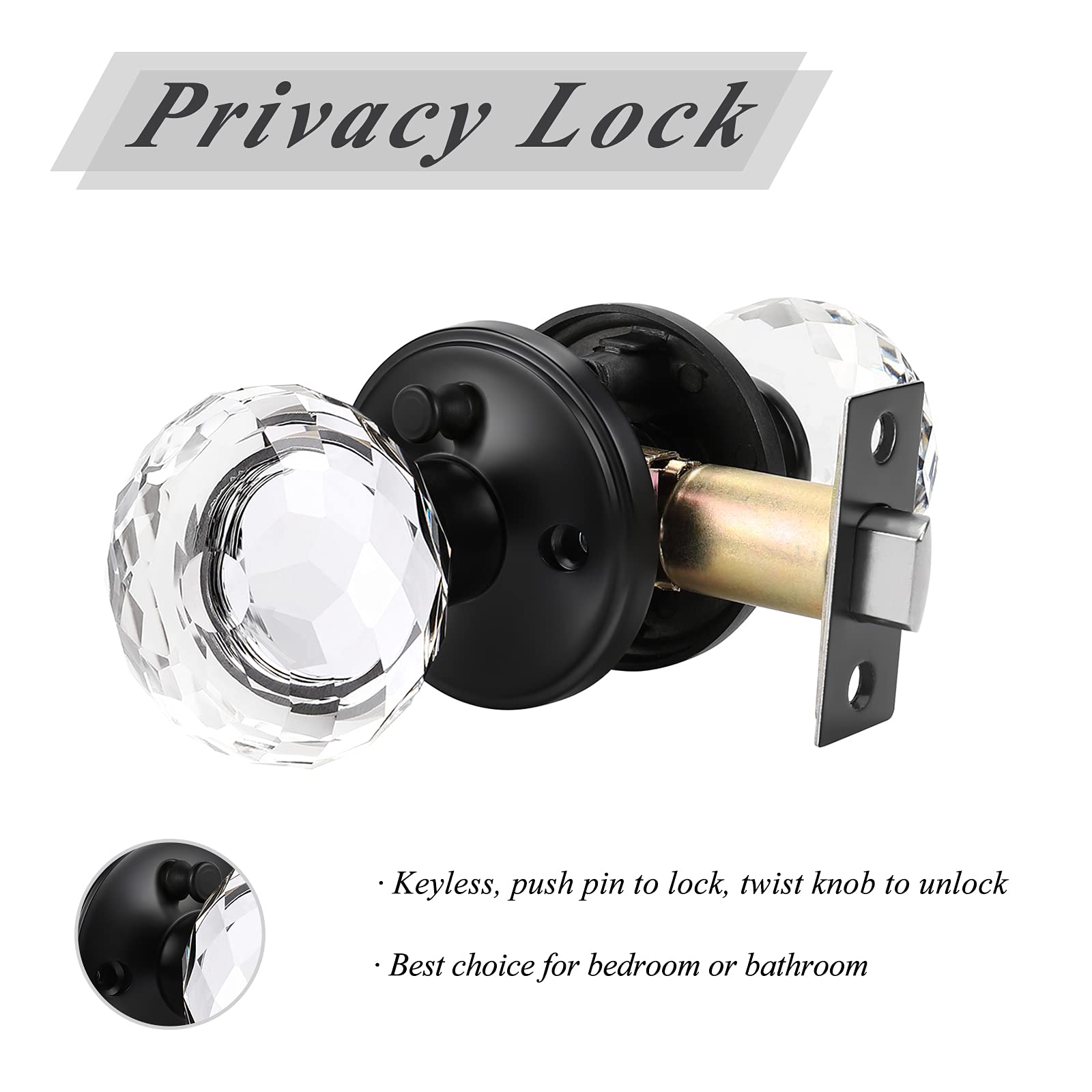 Probrico 3-Pack Black Faceted Diamond Crystal Door Knobs with Lock - Heavy Duty Glass Privacy Door Knobs for Bedroom & Bathroom - Round Interior Door Handles with Rosette for Home, Office & Hotel Use