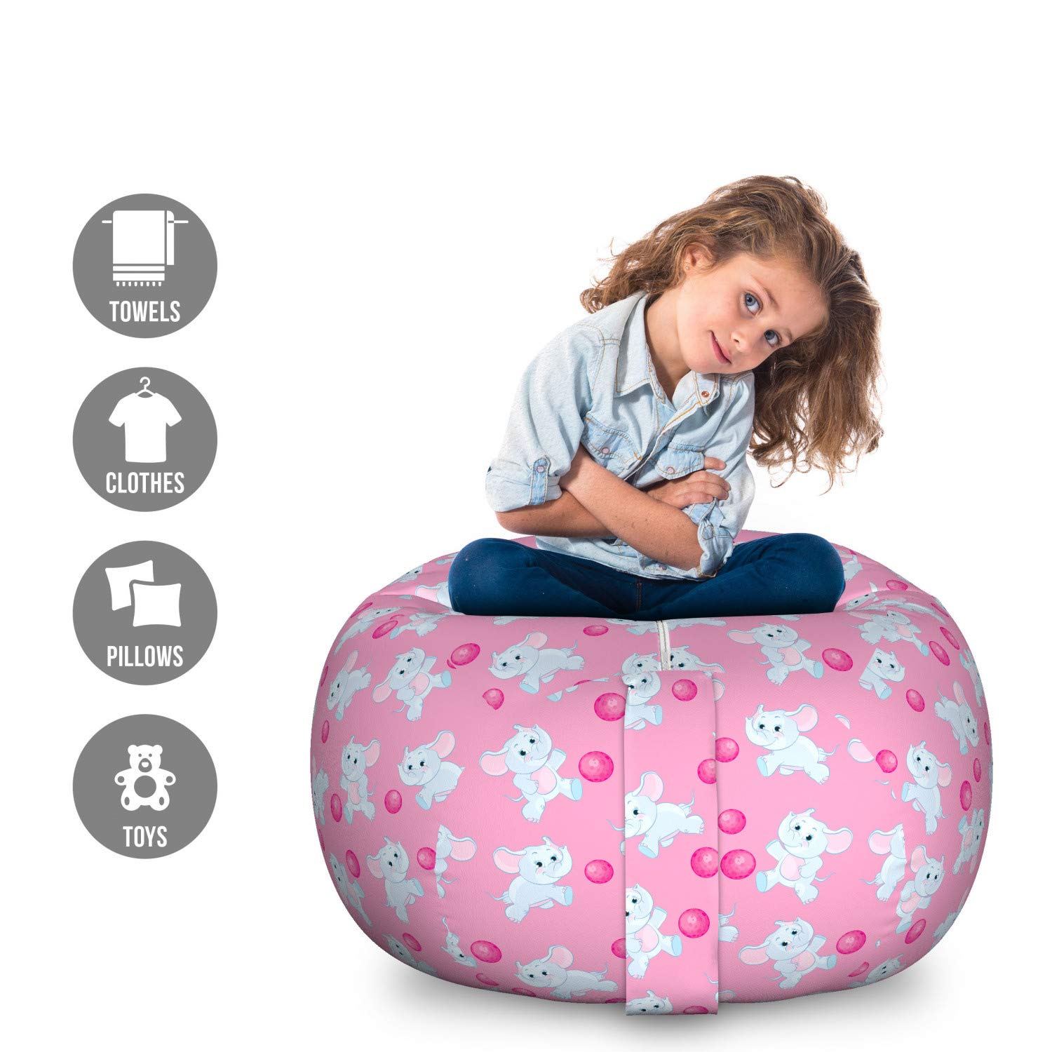Ambesonne Animal Print Toy Storage Bag Chair - Large Washable Stuffed Animal Organizer for Kids Room, Girls Bedroom Decor in Pale Blue & Pink | Perfect for Playroom Organization & Cozy Reading Nook