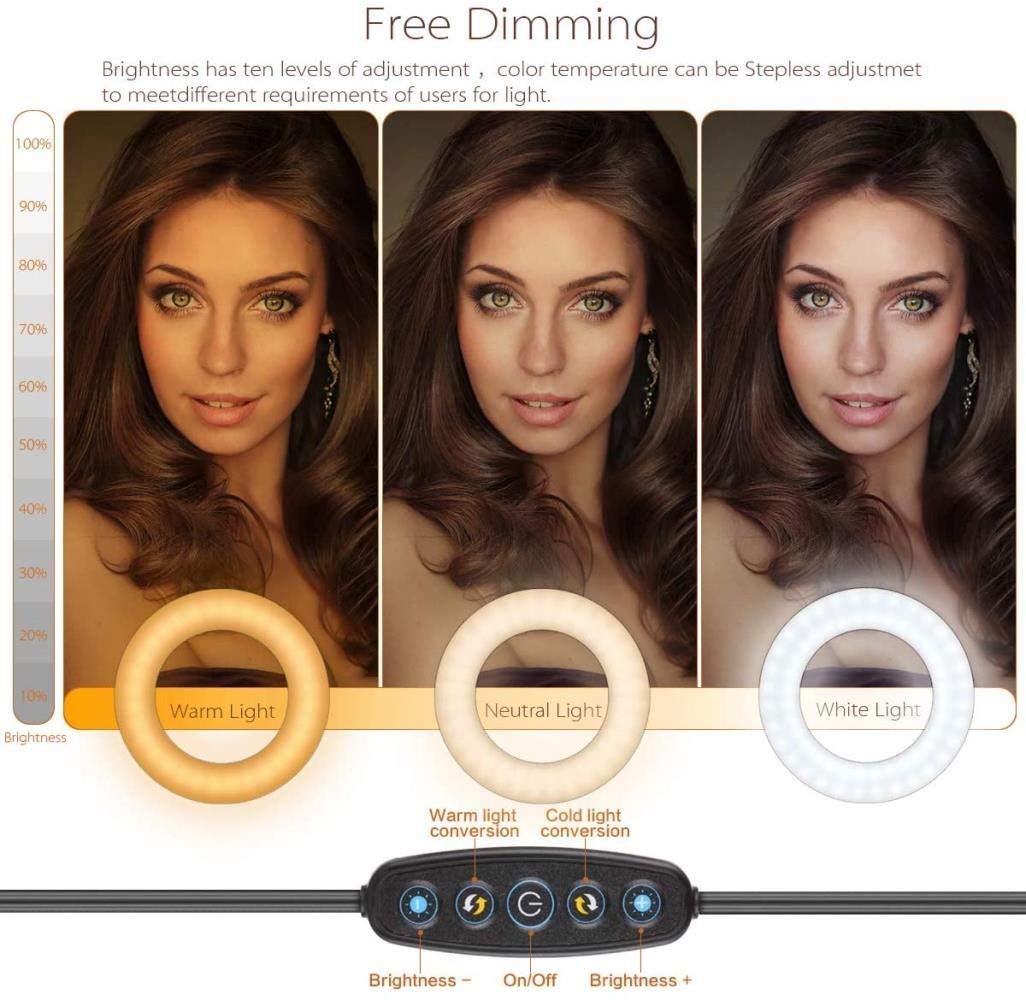 6 Inch LED Ring Light with Tripod Stand - Dimmable Selfie Light for Phone/Desktop, Portable Photography Lighting for Live Streaming, YouTube Videos, TikTok & Video Calls (White Light, 6