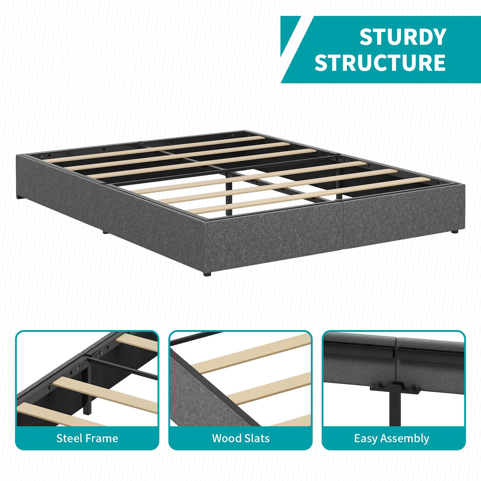 BALUS Queen Upholstered Platform Bed Frame with Storage Drawers - Heavy Duty Wood Slat Support, No Box Spring Needed, Noise Free & Easy Assembly, Dark Grey - Perfect for Small Bedrooms & Space-Saving Storage Solutions