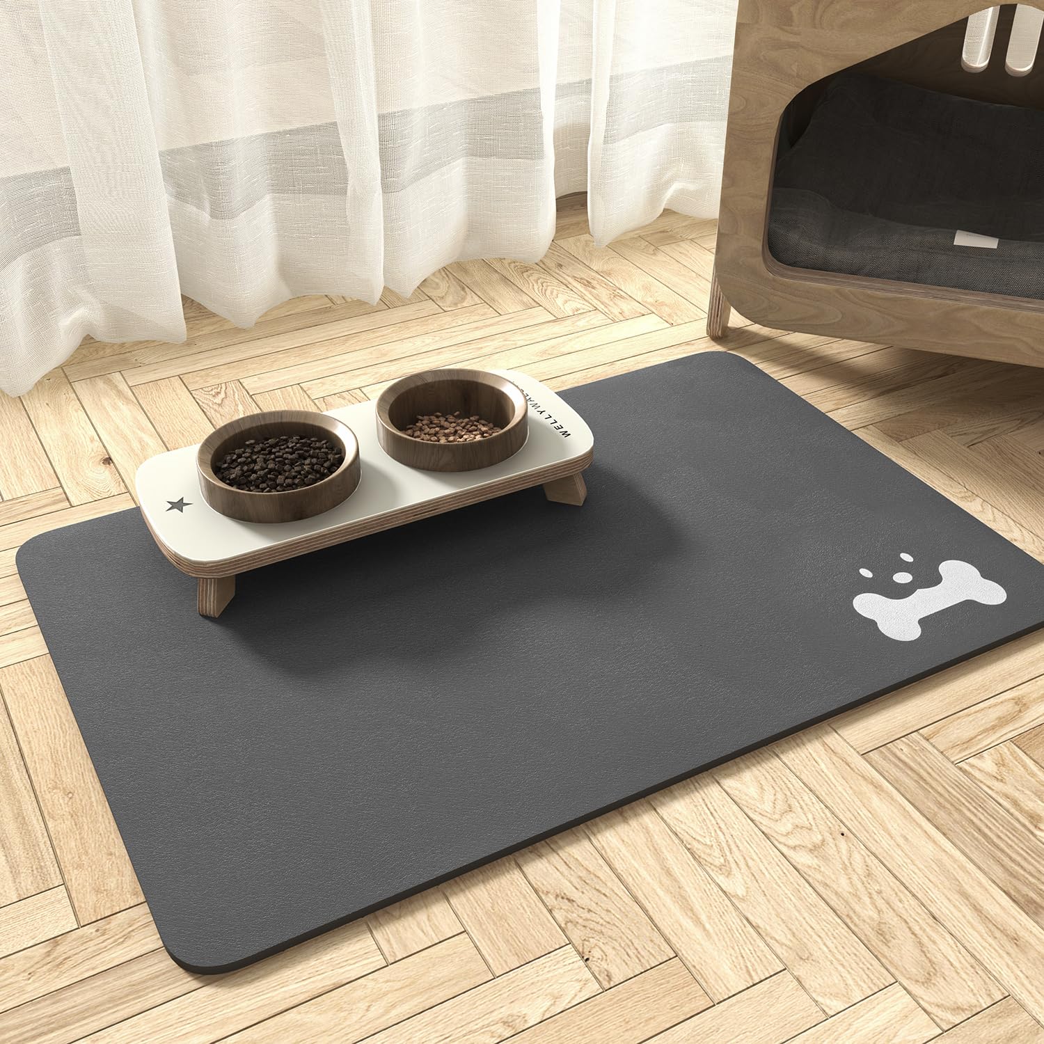 MontVoo Absorbent Pet Food Mat - Quick Dry Anti-Stain Dog & Cat Feeding Mat for Food & Water Bowls - Non-Slip Waterproof Pet Supplies for Messy Drinkers - Perfect for Kitchen, Crate & Hardwood Floors