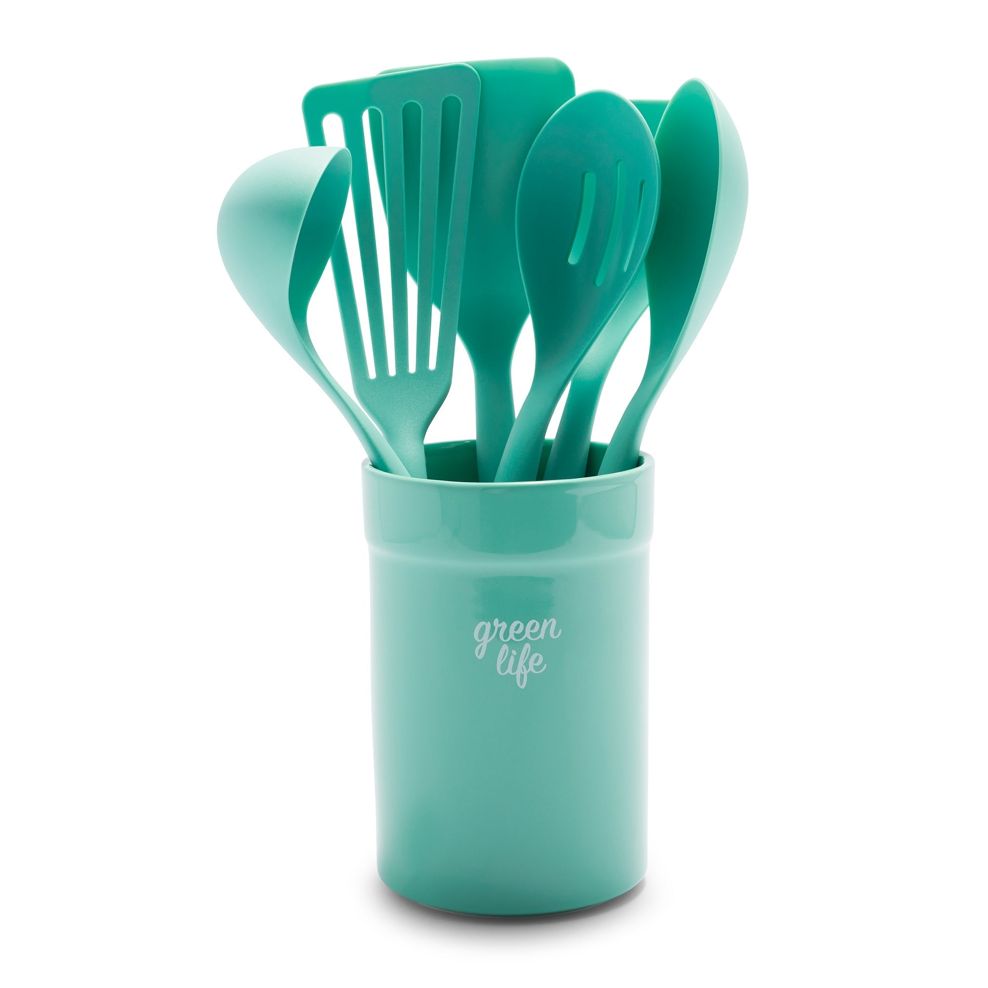 GreenLife Non-Toxic Nylon & Wooden Cooking Utensil Set with Ceramic Crock - 7-Piece Kitchen Tools for Healthy Cooking | Turquoise Color | Perfect for Sauteing, Stirring & Serving