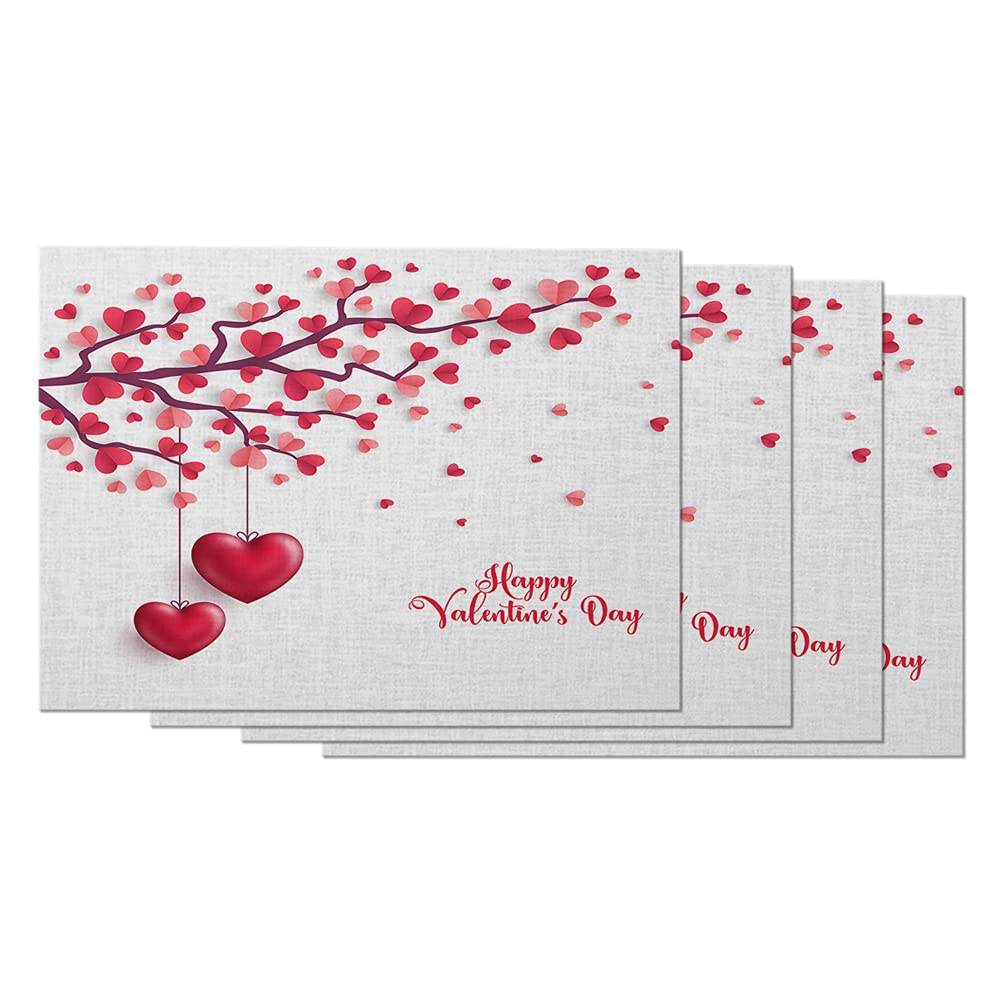 WONDERTIFY Tree Paper Leaves Hanging Hearts Placemats - Heat & Stain Resistant Valentine's Day Table Decor (12x18 Inches, Set of 4 Red) - Perfect for Romantic Dinners, Holiday Parties & Home Decor