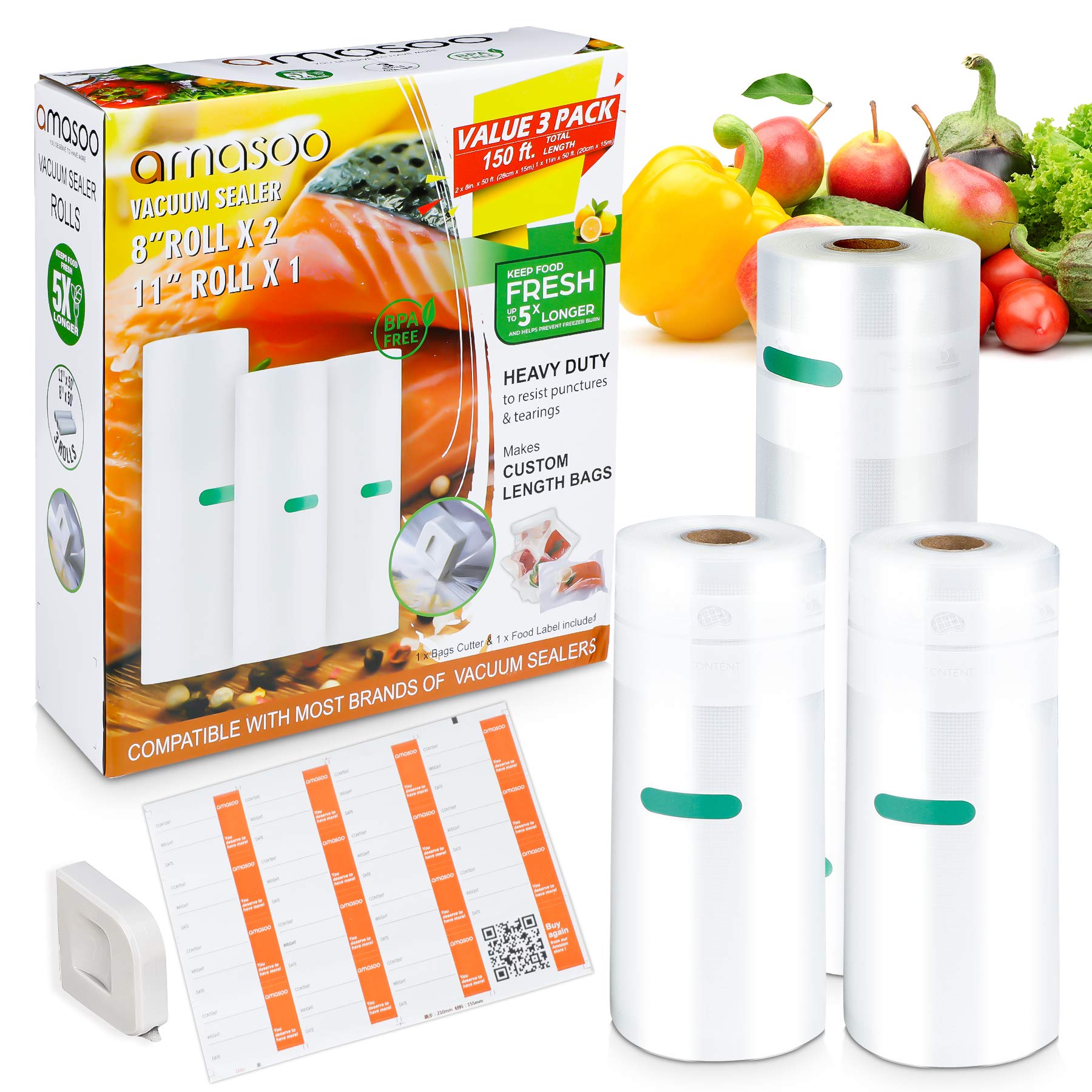 AMASOO BPA-Free Heavy Duty Vacuum Sealer Bags Rolls (3 Rolls, 150ft) - 8''x50' & 11''x50'' for Sous Vide, Food Storage & Meal Prep | Includes Cutter & Labels | Perfect for Freezing, Marinating & Long-Term Food Preservation