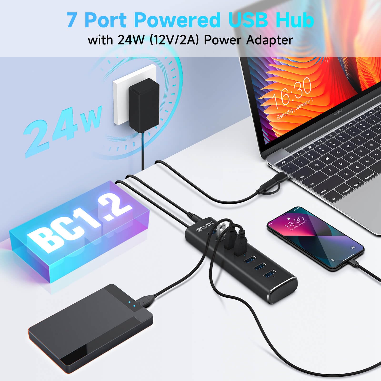 Rosonway 7-Port USB 3.2 Gen 2 Hub with 10Gbps Speed, Individual Power Switches & 24W Adapter - Aluminum USB-C Hub for Laptop, PC, MacBook - Ideal for Home Office, Gaming Setup & Multi-Device Charging Station