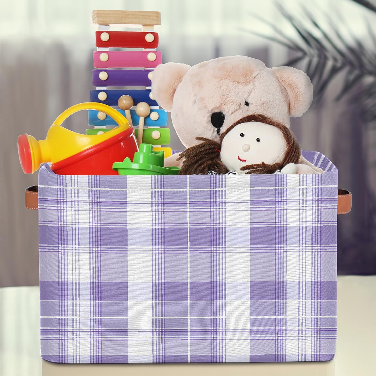 Purple Lavender & White Plaid Foldable Storage Baskets with Handles - 2 Pack Decorative Organizer Bins for Shelves, Home & Office Organization | Perfect for Bedroom Closet, Bathroom & Laundry Room Storage