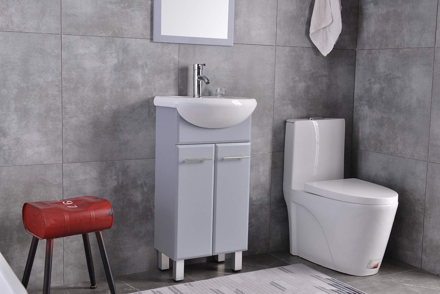 18 Inch Floor Standing Bathroom Cabinet with Mirror - Ceramic Vessel Sink, Faucet & Drain Included (Grey) - Perfect for Modern Bathroom Vanity & Small Space Storage Solution
