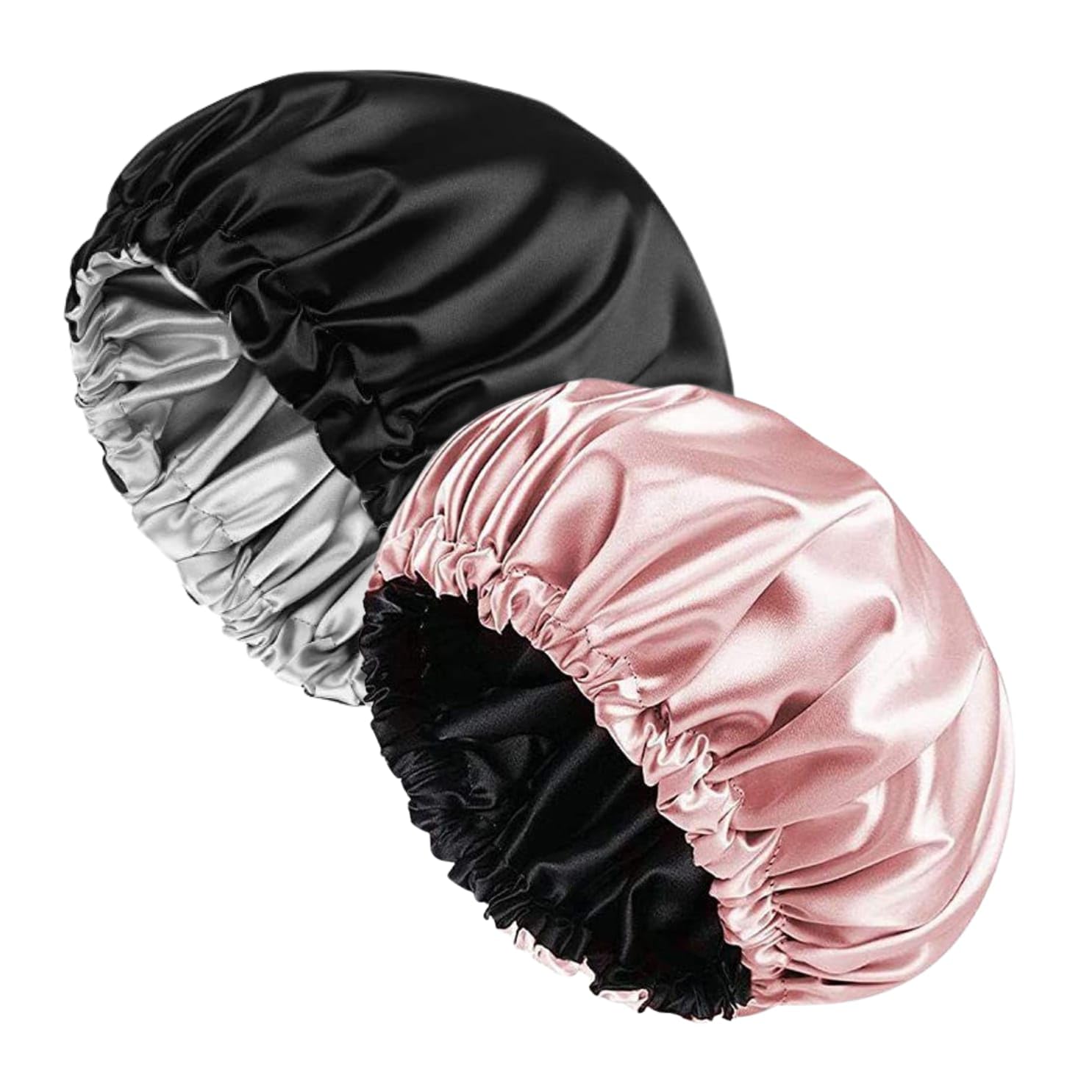 Attune Satin Silk Bonnet for Sleeping - Handmade Adjustable Silk Hair Bonnet & Shower Cap for Curly Hair | Women & Girls | Perfect Gift for Girlfriend, Sister & Mom (2 Pack, Pink & Black) | Protect Hair While Sleeping & Showering