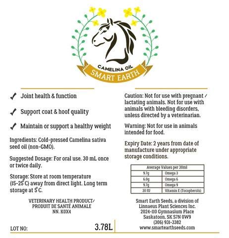 100% Pure Camelina Oil for Horses - Omega 3 & Vitamin E Rich Supplement for Healthy Coat, Strong Hooves, Joint Support & Weight Gain - Cold-Pressed False Flaxseed Oil with Pump - Made in Canada by Smart Earth - 1 Gallon - Perfect for Daily Equine Nutrition & Senior Horse Care