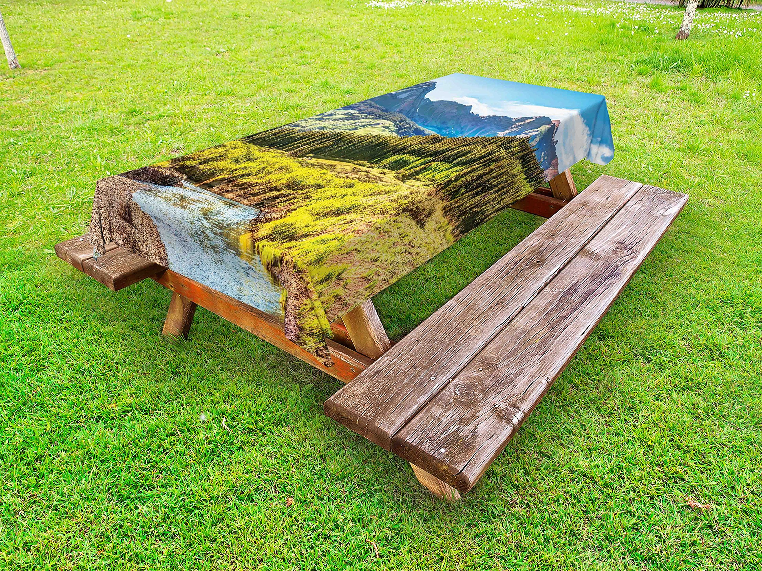 Ambesonne Waterproof Outdoor Tablecloth - Mountain Vista Forest River Landscape Design, Washable Picnic Table Cover 58x84 Inches - Perfect for Backyard BBQs, Camping & Outdoor Dining