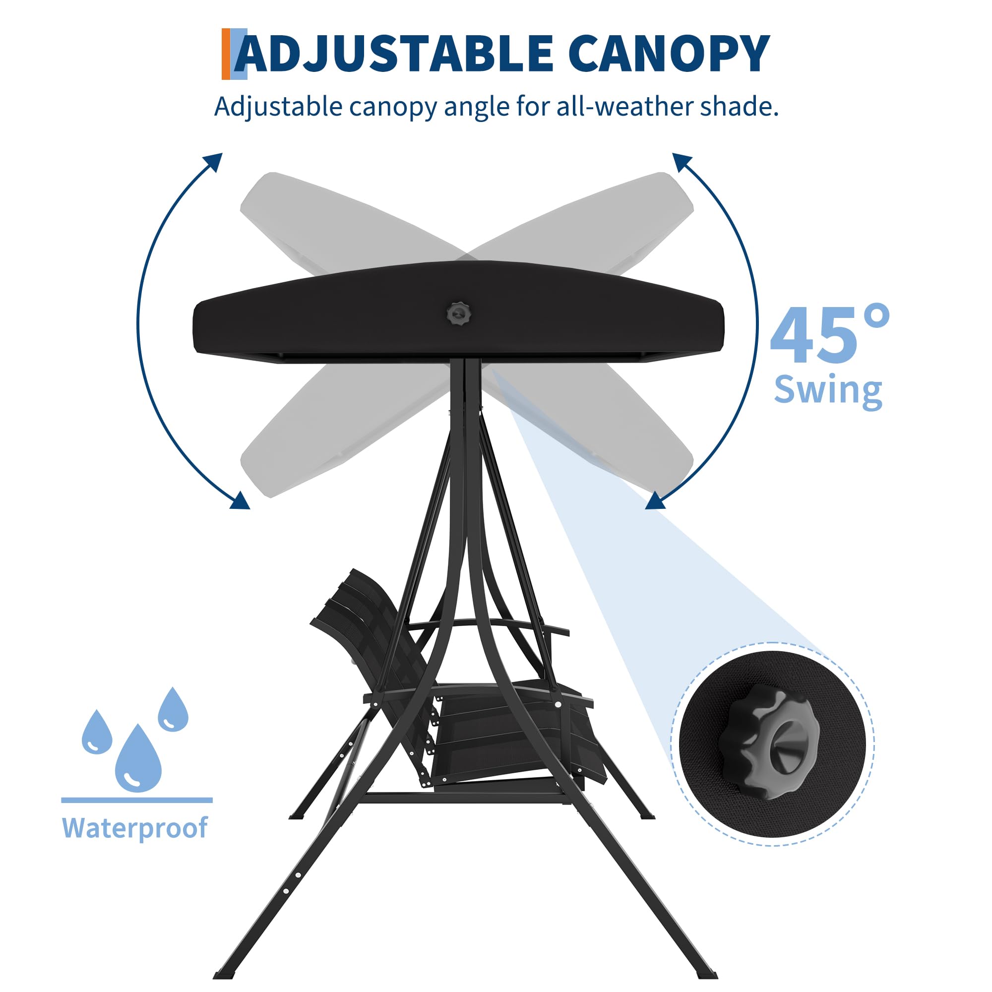 GARVEE 3-Seat Outdoor Patio Swing with Adjustable Canopy - Sturdy Steel Frame Porch Swing Chair for Backyard, Garden & Poolside - Perfect for Relaxing, Lounging & Enjoying Outdoor Spaces (Black)