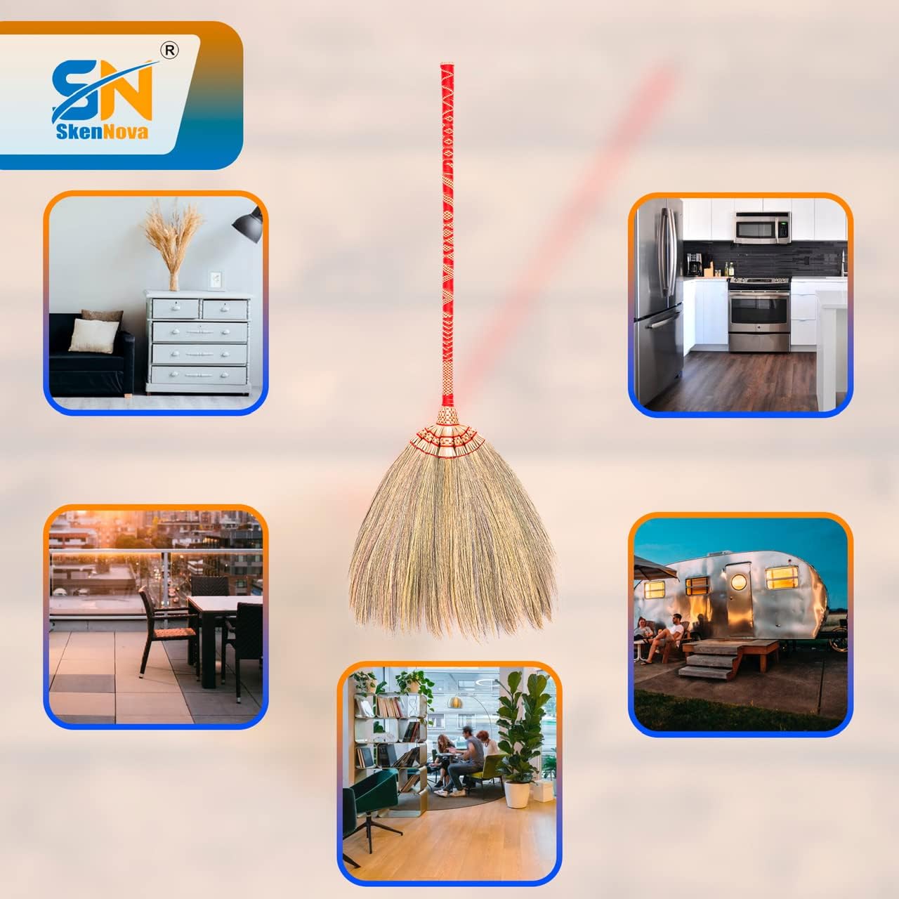 Natural Thai Straw Broom with Bamboo Handle - Handwoven Grass Broom for Sweeping Dirt, Dust & Debris - Traditional Asian Broom for Home Cleaning, Wedding Jumping Broom Ceremony (40