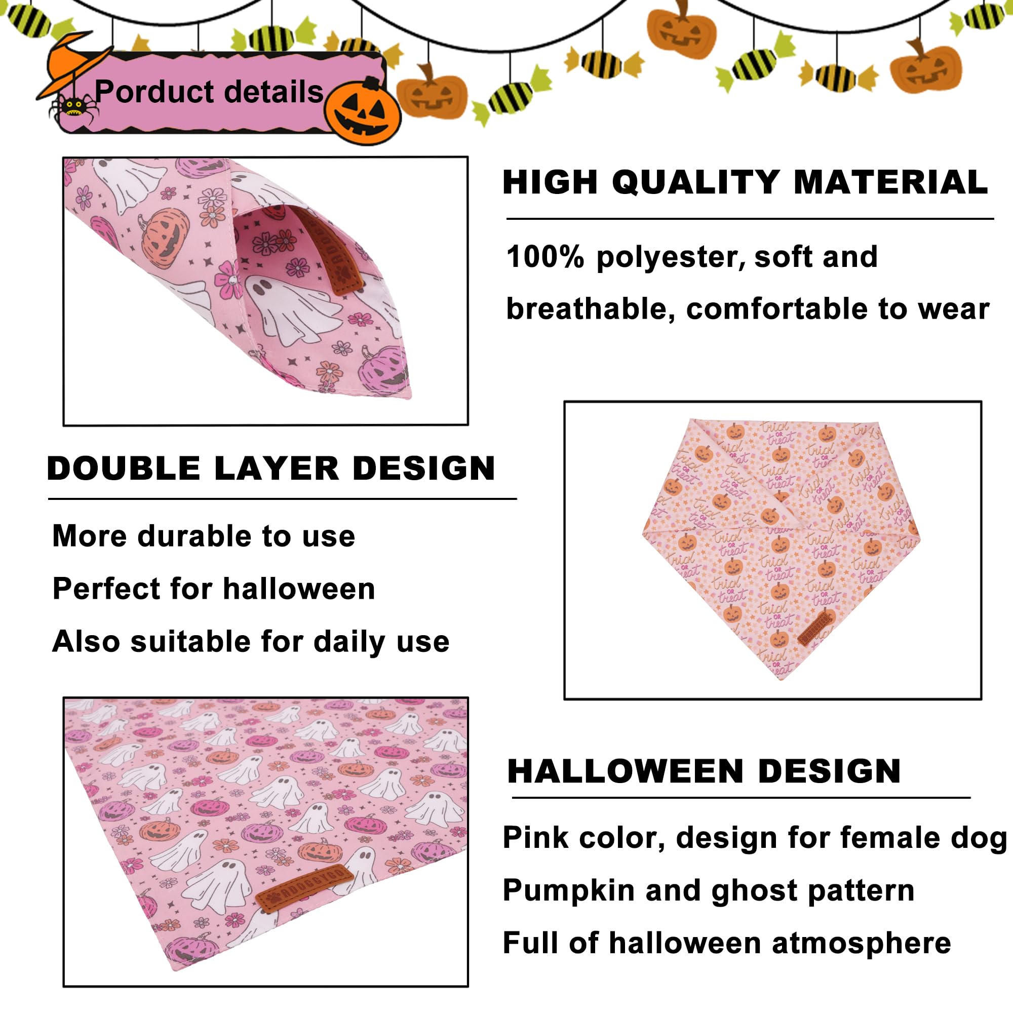 ADOGGYGO Halloween Dog Bandana - Pink Pumpkin Ghost Scarf for Medium & Large Dogs | Adjustable Pet Bandana for Female Dogs | Perfect for Halloween Parties & Costume Events