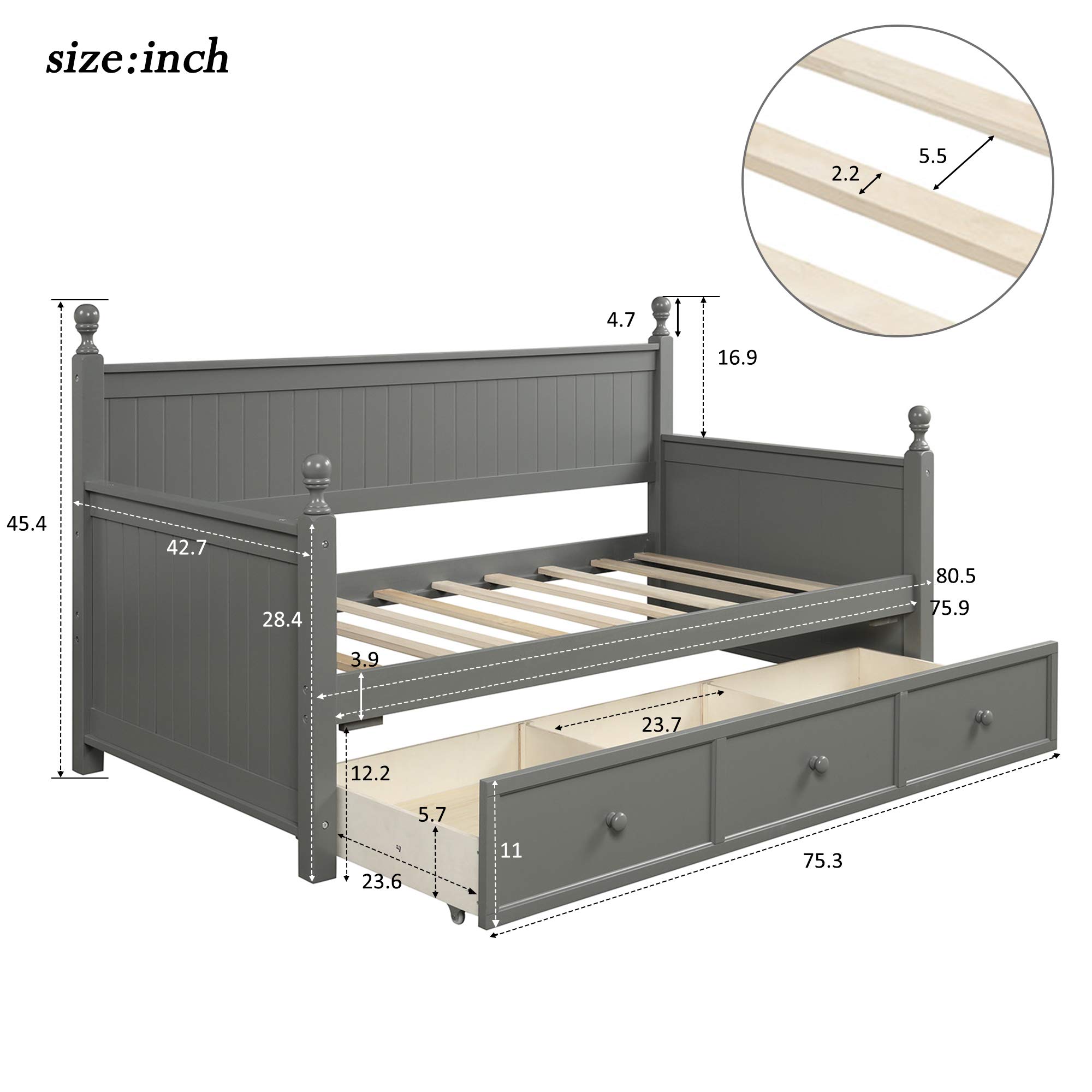 LZ LEISURE ZONE Twin Daybed with Drawers - Solid Wood Twin Size Daybed Frame, Convertible Sofa Bed for Bedroom & Living Room, No Box Spring Needed (Grey) - Perfect for Guest Rooms, Small Spaces & Multi-Functional Furniture Needs
