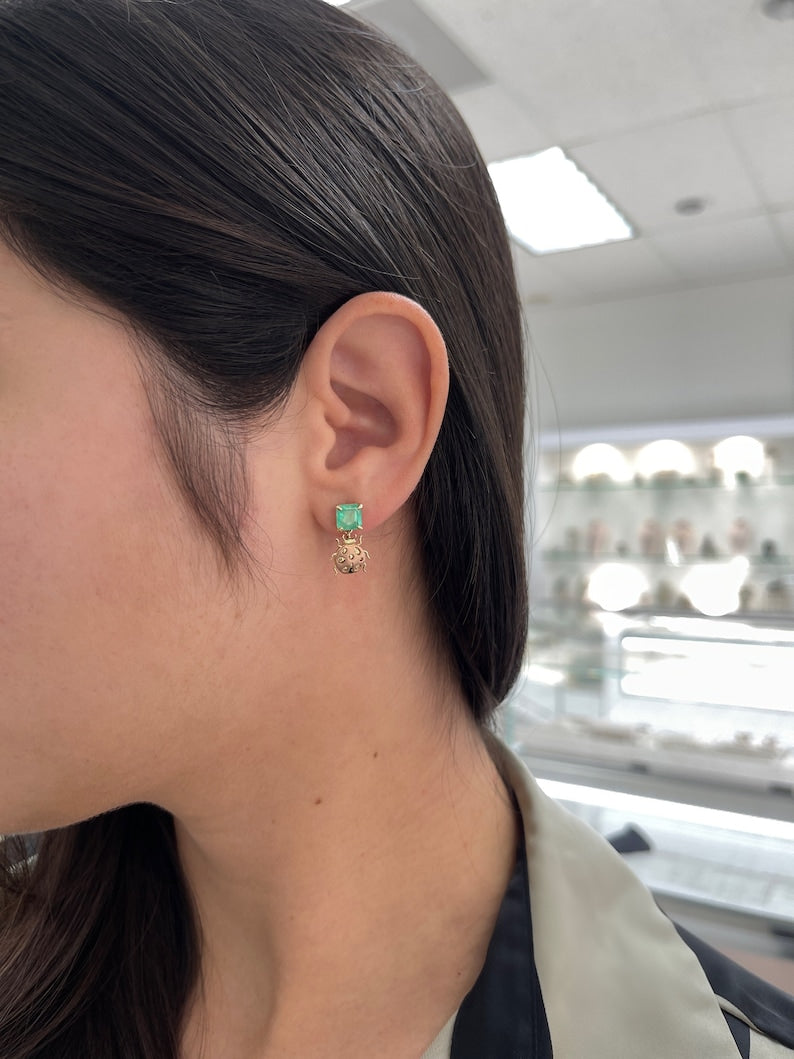 14K Rose Gold Asscher Cut Green Emerald & Lady Bug Dangle Earrings - 2.0tcw, Elegant Jewelry for Women, Perfect for Weddings, Parties & Special Occasions
