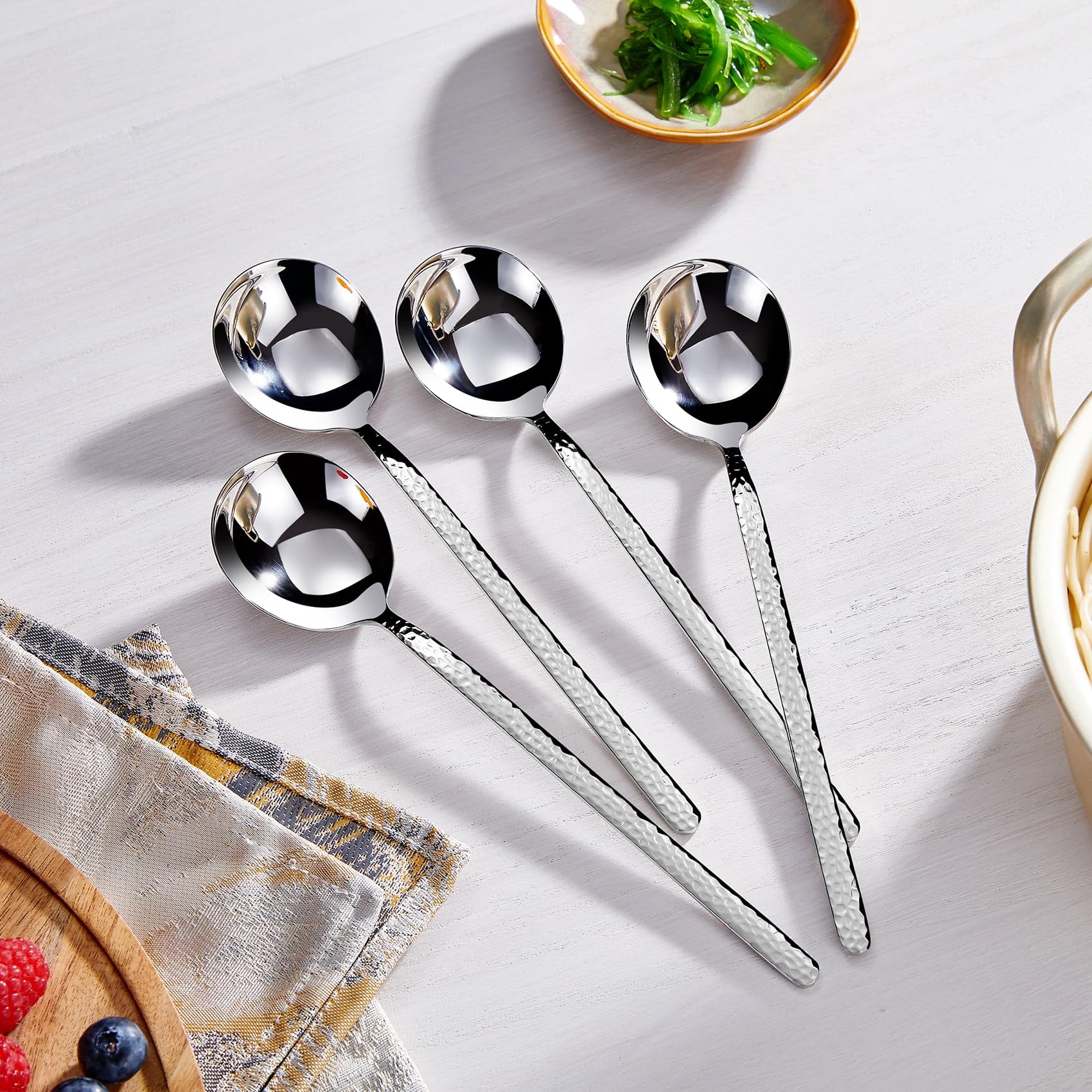 KEAWELL Premium Korean Soup Spoons Set of 4 - 18/10 Stainless Steel Long Handle Spoons - Dishwasher Safe Hammered Design - Perfect for Asian Cuisine, Ramen, Pho & Hot Pot Dining