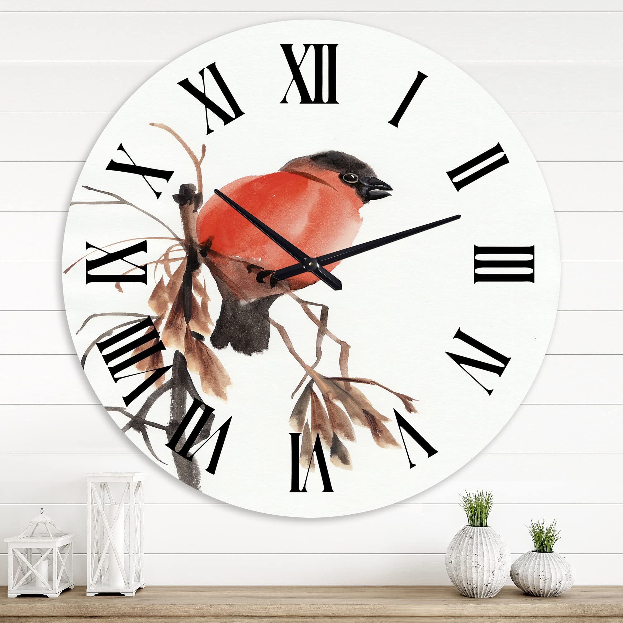 Large Traditional Wall Clock with Red Bullfinch Bird on Branch - Vintage Animal Wall Clock for Kitchen, Living Room, Office Decor | Perfect for Farmhouse, Rustic & Nature-Themed Home Décor