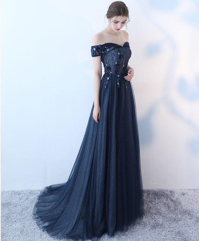 Elegant Blue Lace Tulle Long Prom Dress with Floral Embroidery - Formal Evening Gown for Homecoming, Wedding, and Special Occasions