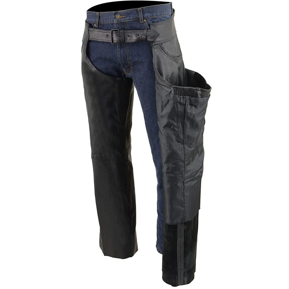 Milwaukee ML1125 Men's Black Premium Braided Leather Motorcycle Chaps - Thin Jean Style with Pockets - XL Size | Perfect for Riding, Biker Events & Outdoor Adventures