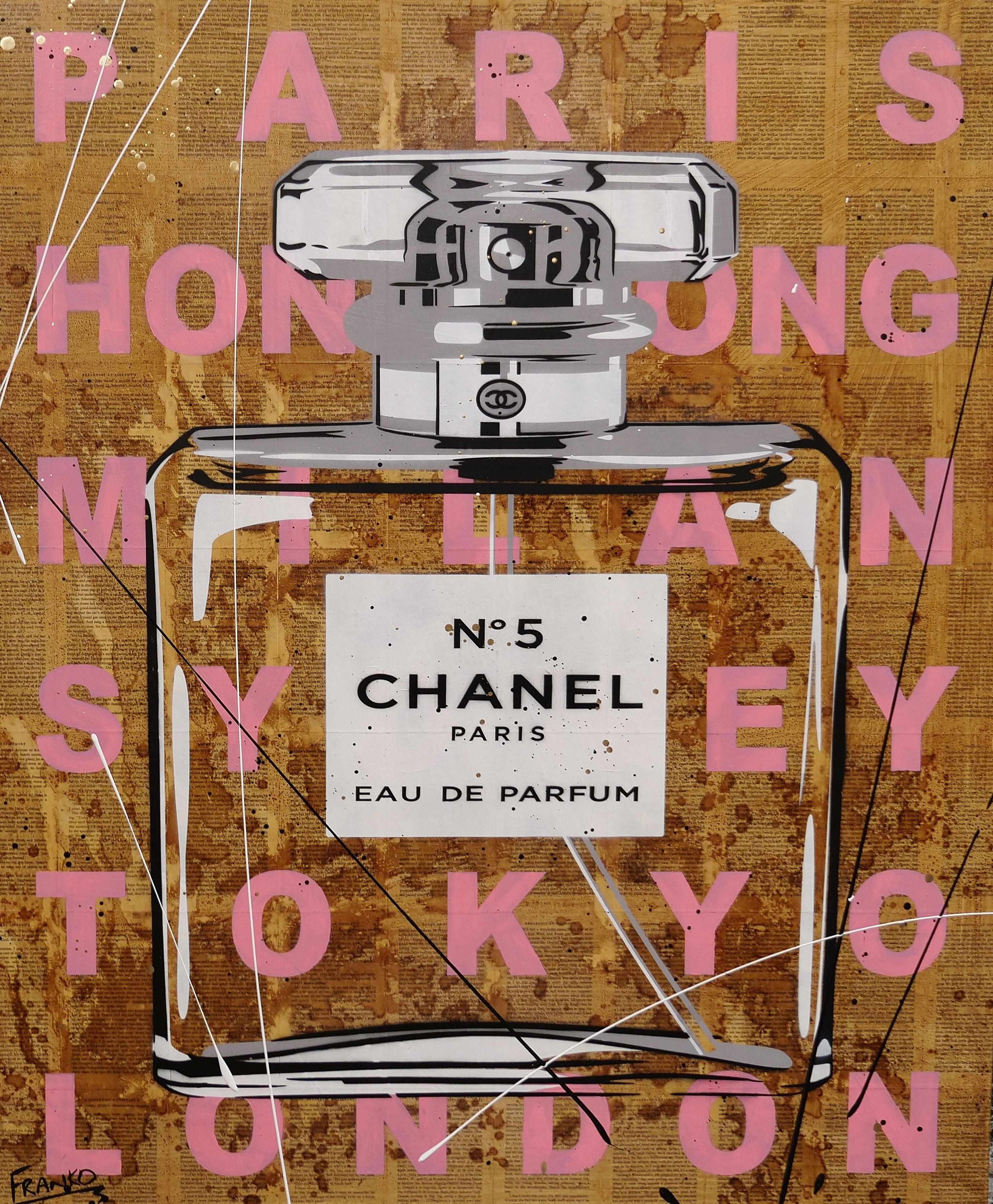 Chanel Pink Perfume Bottle Urban Pop Art Painting - 120cm x 100cm Large Canvas Wall Decor for Living Room, Bedroom & Book Club