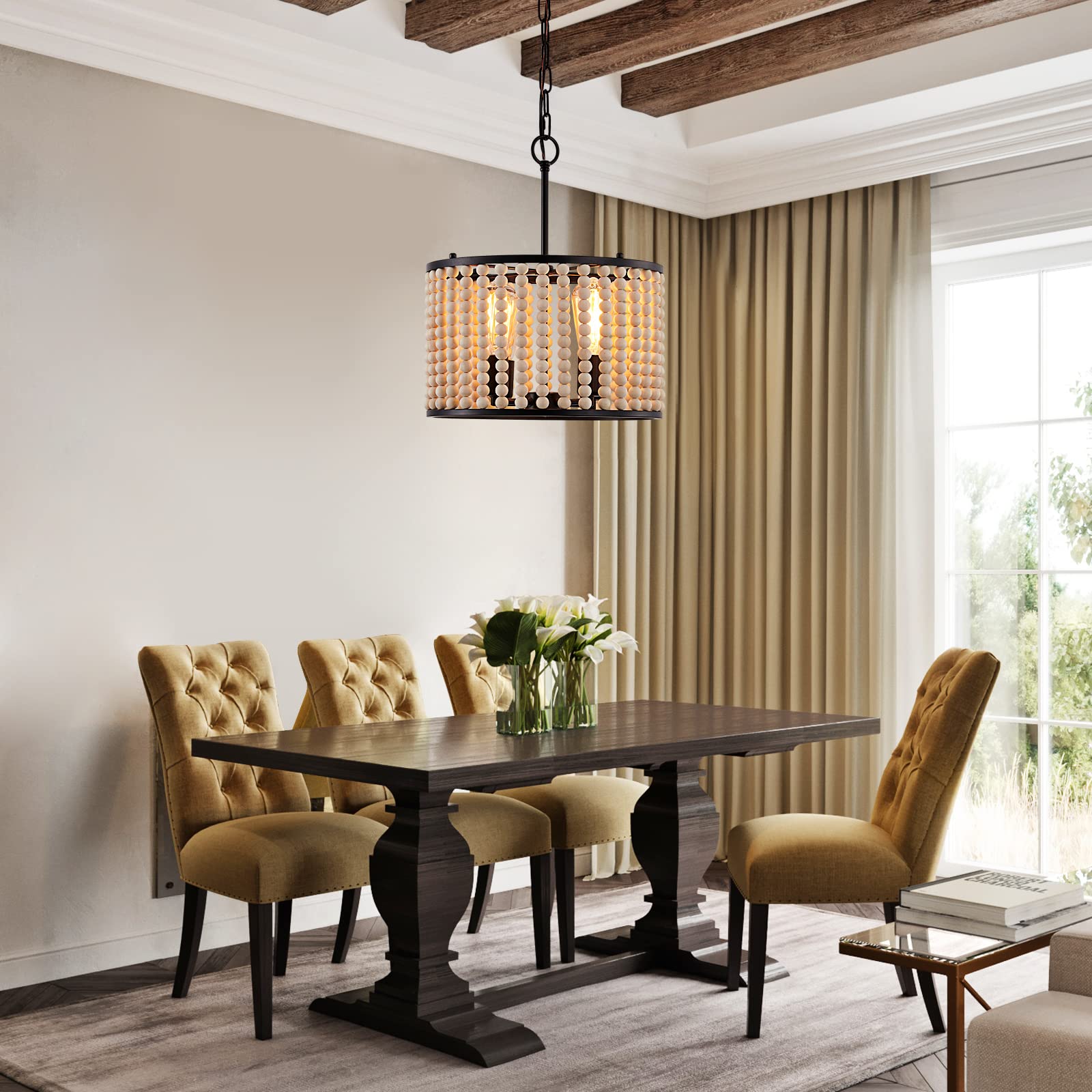 Farmhouse Chandelier Light Fixture - 4-Light Wood Beaded Boho Pendant Lantern for Dining Room, Living Room, Kitchen & Entryway - Rustic Ceiling Lighting for Home Decor & Foyer