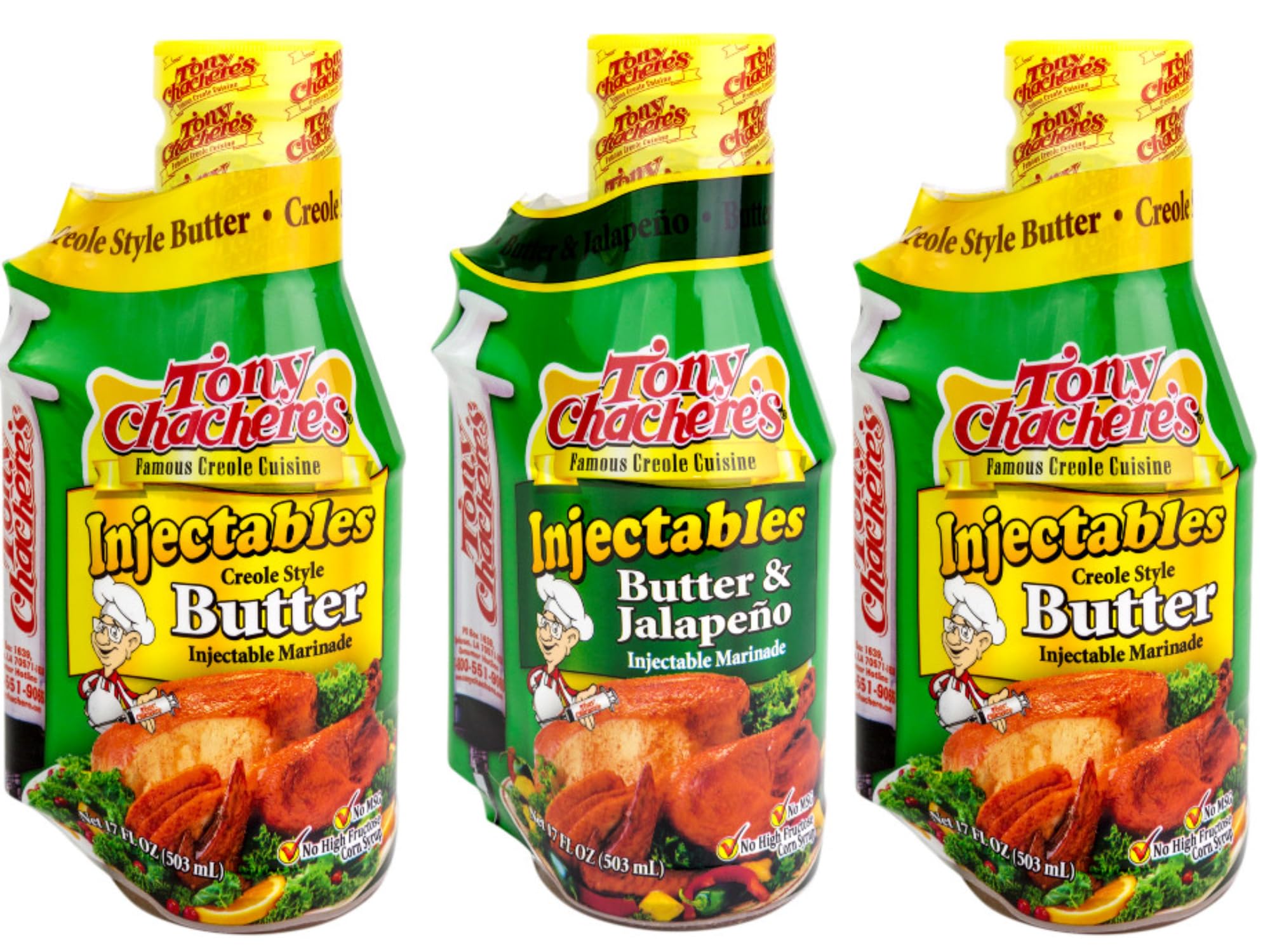 Tony Chachere's Butter & Jalapeno Injectable Marinade Variety Pack - 3 Bottles (17 Fl Oz Each) - Perfect for Grilling, BBQ, and Flavoring Meats