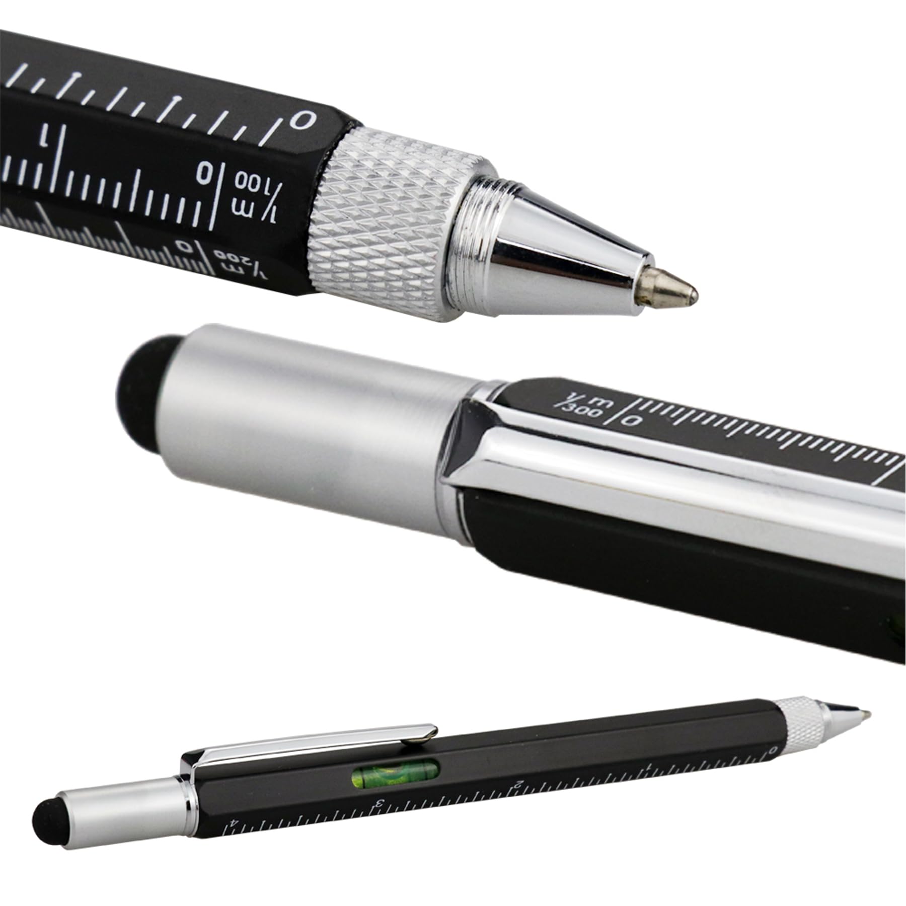 HeTaoCat 6-in-1 Multi-Tech Tool Pen with Stylus, Screwdriver, Ruler & Level Gauge - Black Ballpoint Pen for DIY, Construction & Office Use - Perfect Gift for Tech Enthusiasts & Professionals