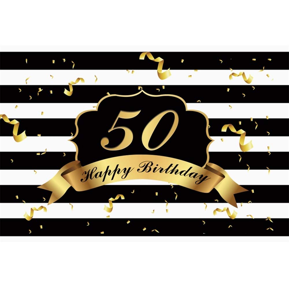 Leyiyi 5x3ft 50th Birthday Party Backdrop - Gold Glitter Dots & Black White Stripes Photo Background for Photography, Cake Table Decorations - Perfect for Milestone Celebrations, Anniversary Parties & Social Media Photos