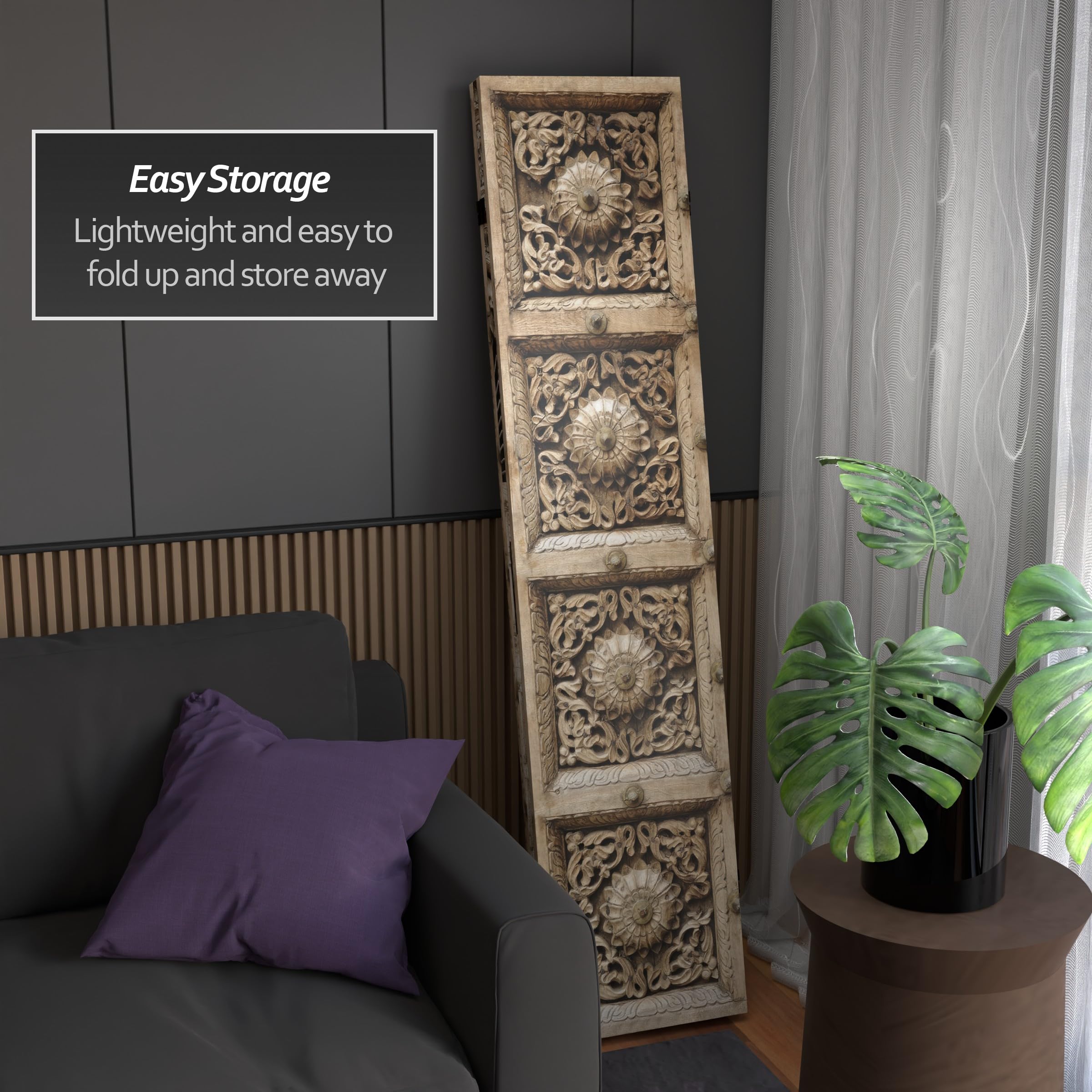 6 ft Tall Red Lantern Double-Sided Stone Doorway Canvas Room Divider - Beige | Freestanding Partition Screen for Living Room, Bedroom, Office & Event Decor