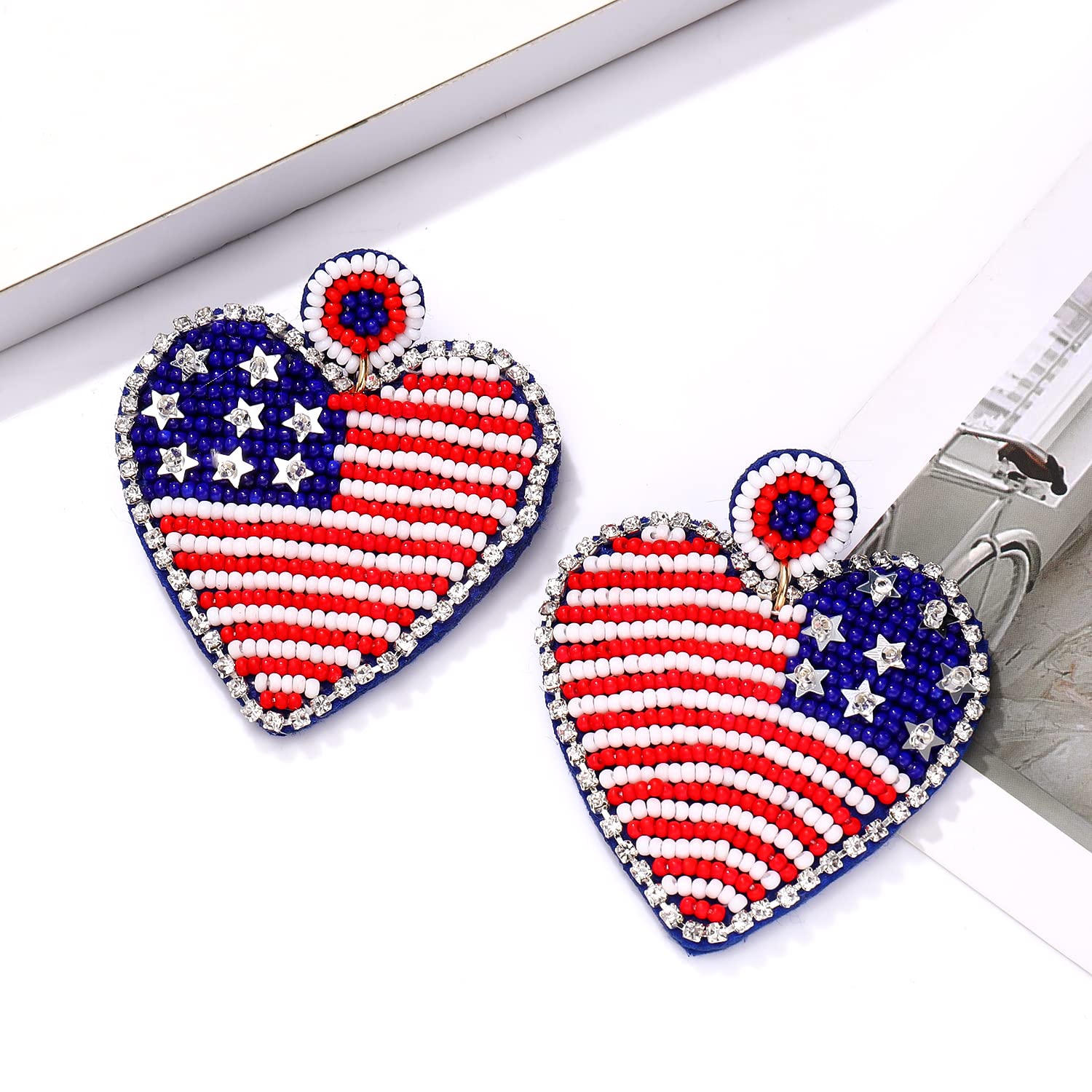 Handmade Patriotic American Flag Earrings - Beaded Heart, Star & Ice Cream Drop Dangle Earrings for Women | 4th of July, Independence Day & Holiday Gifts | Perfect for Parties, Festivals & National Celebrations