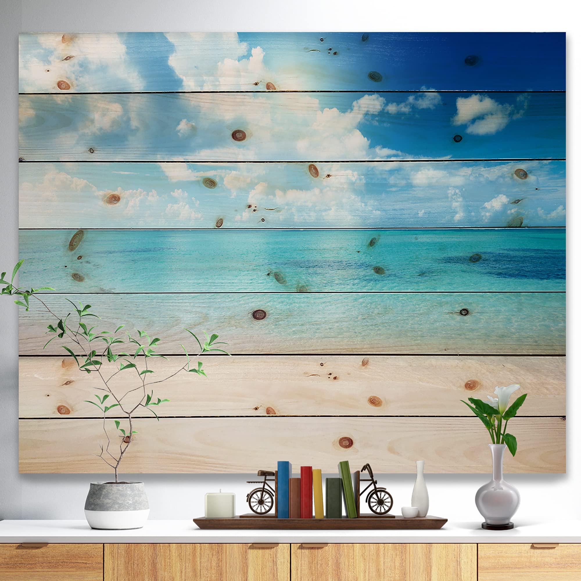 Blue Caribbean Sea Nautical Wood Wall Art - Coastal Beach Decor Printed on Natural Pine Wood - Large Wooden Wall Panels for Living Room, Bedroom & Beach House Decor