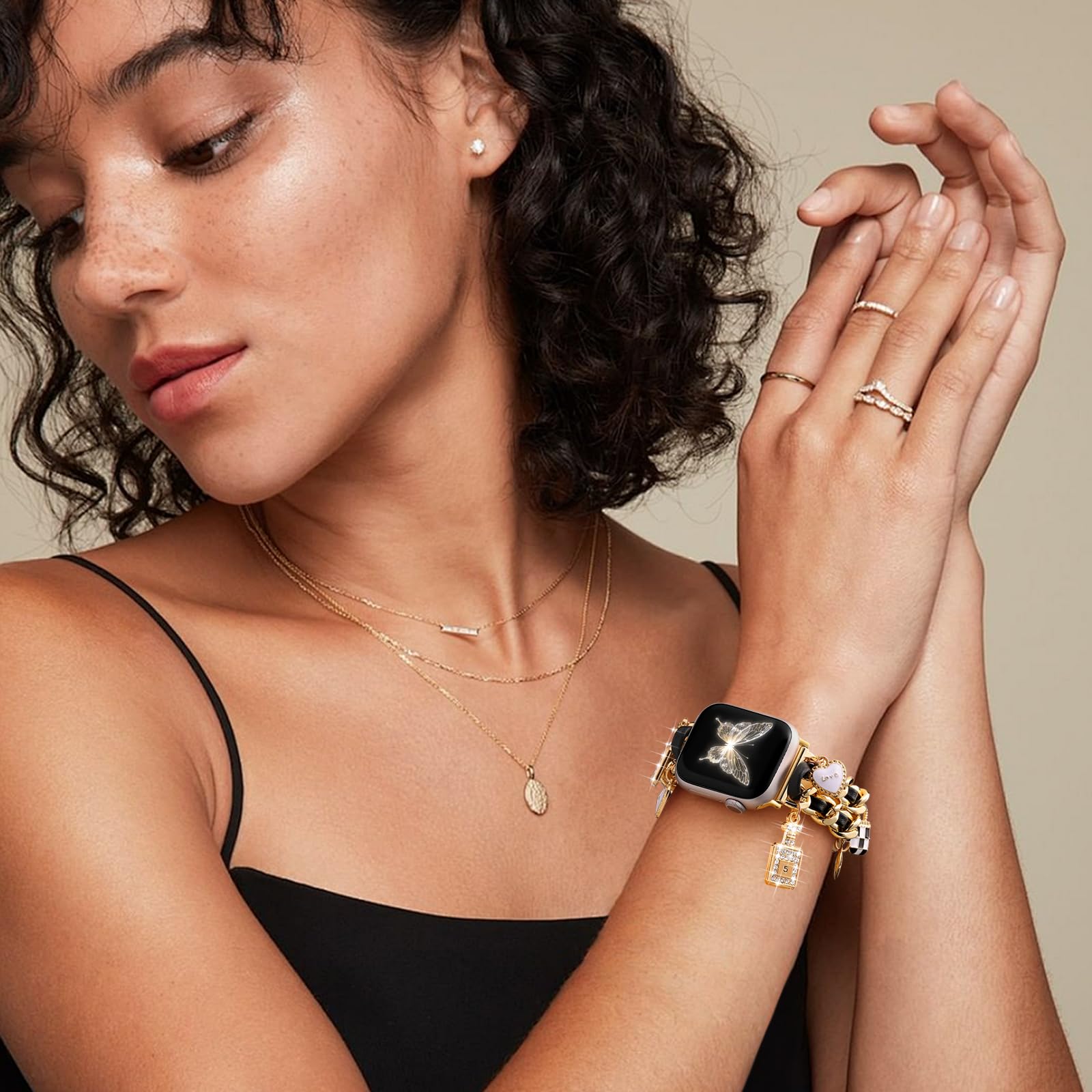 Elegant Stainless Steel Band for Apple Watch - Compatible with 38mm 40mm 41mm 42mm 44mm 45mm 46mm Models - Fashionable Chain Strap with Charms for Women - Perfect for iWatch Series 10/9/8/7/6/5/4/3/2/1/SE - Ideal for Workouts, Office Wear & Special Occasions