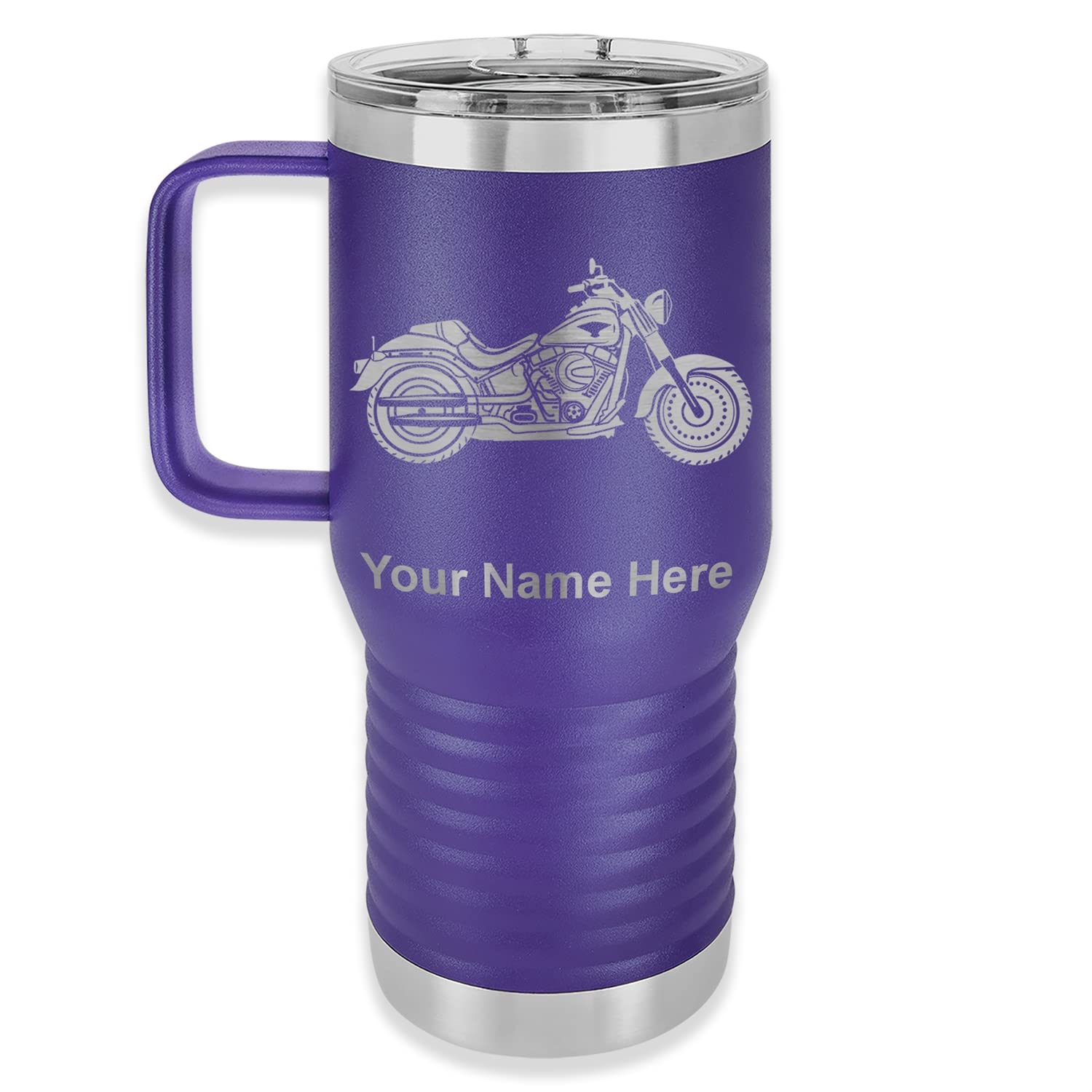 LaserGram 20oz Vacuum Insulated Stainless Steel Travel Mug with Handle - Leak Proof Coffee Thermos for Motorcycle, Office & Outdoor Use - Free Personalized Engraving (Dark Purple)