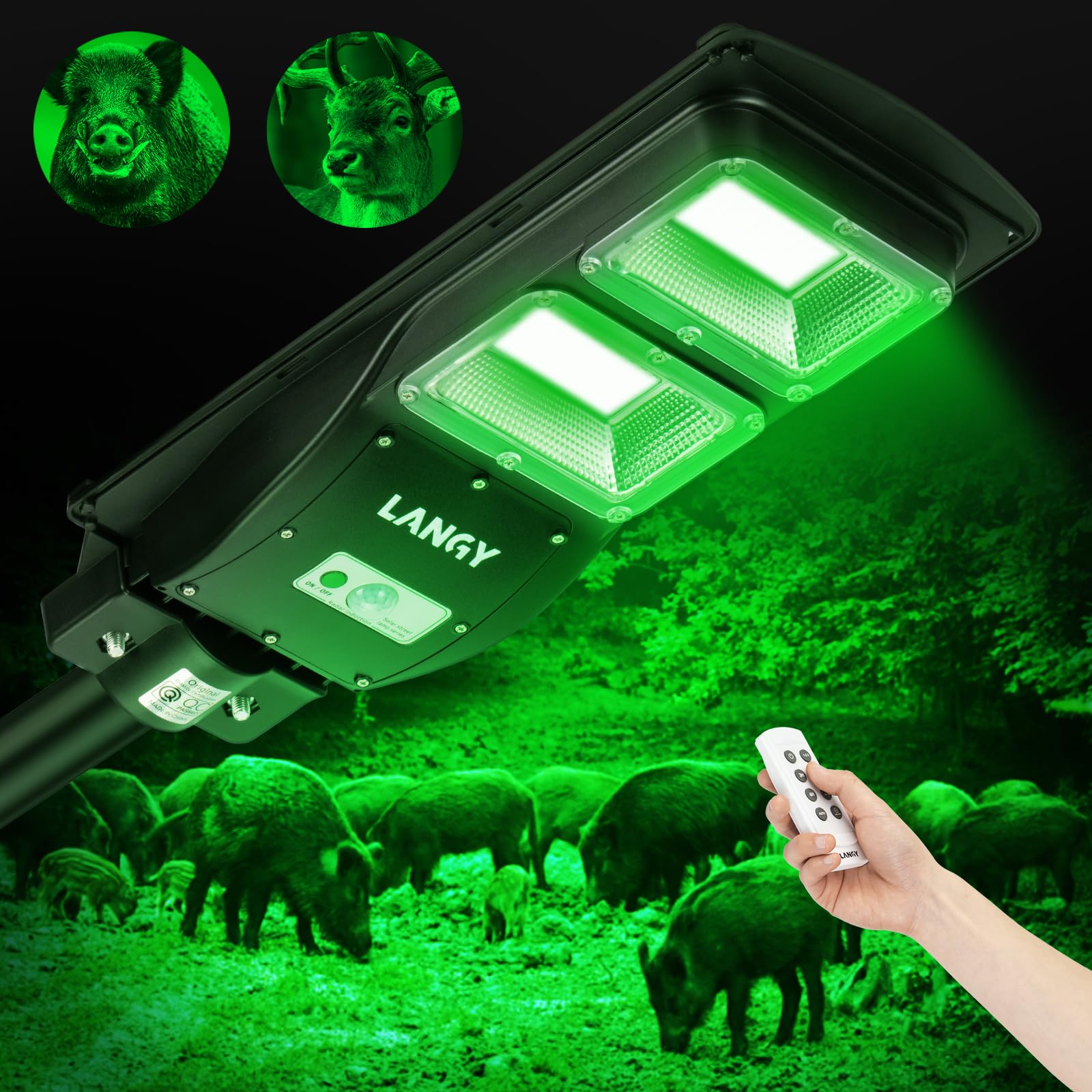 **LANGY 12000LM Solar-Powered Green Hunting Light - Motion Activated Hog & Deer Light with Remote & 19