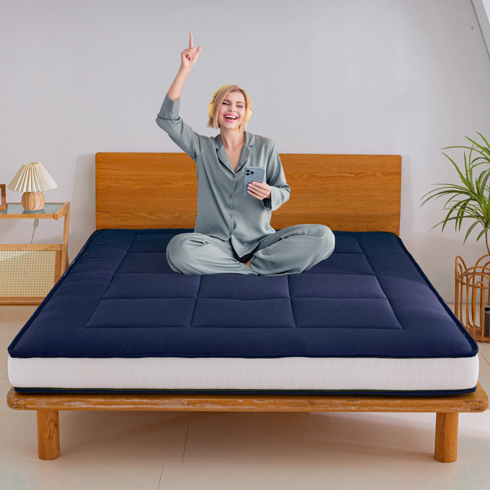 MAXYOYO Japanese Floor Futon Mattress - Thick Padded & Portable Navy Blue Floor Bed for Guest Room, Dorm, Camping & Travel
