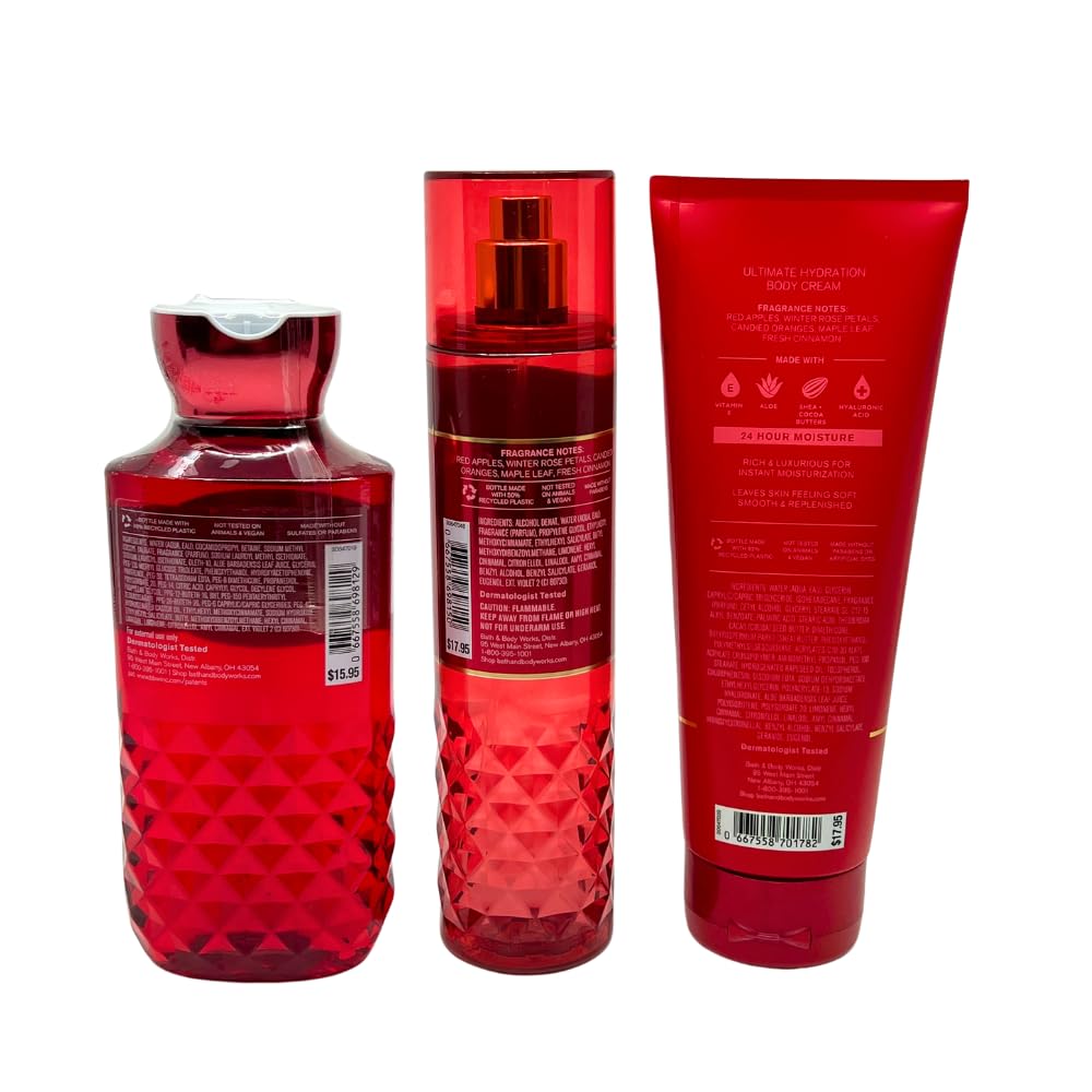 Bath & Body Works Winter Candy Apple 3-Piece Gift Set with Red Bow - Body Wash, Fragrance Mist & Body Cream - Full Size Holiday & Christmas Gifts for Women, Friends & Family - Perfect for Gifting, Self-Care & Home Fragrance