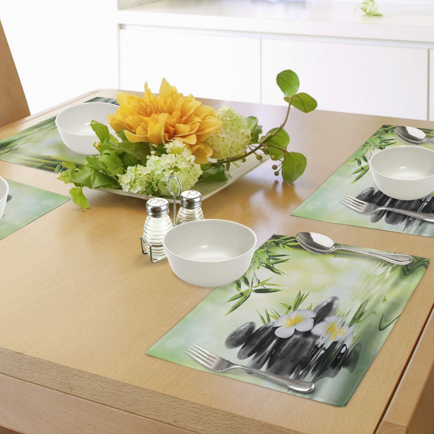 Ambesonne 4-Piece Spa Themed Placemats Set - Japanese Garden Frangipani Flowers Travel Design, Washable Fabric Table Mats for Dining Room, Standard Size (Charcoal Grey & Pale Green) - Perfect for Home Decor, Dinner Parties, and Asian-Inspired Interior Design