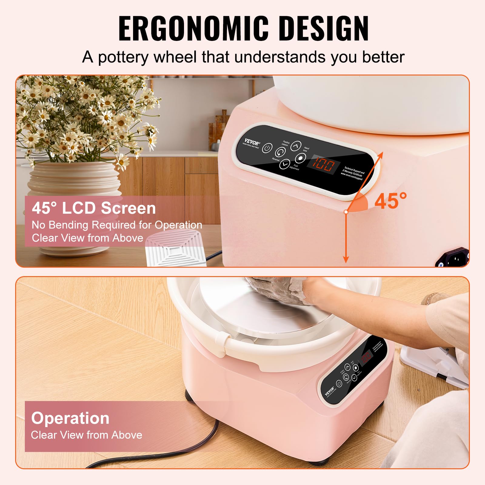 VEVOR 11 Inch Electric Pottery Wheel - 450W Ceramic Shaping Machine with Foot Pedal & LCD Touch Screen for DIY Clay Art, Ceramics, and Home Decor Projects - Pink Forming Tool for Artists and Crafters