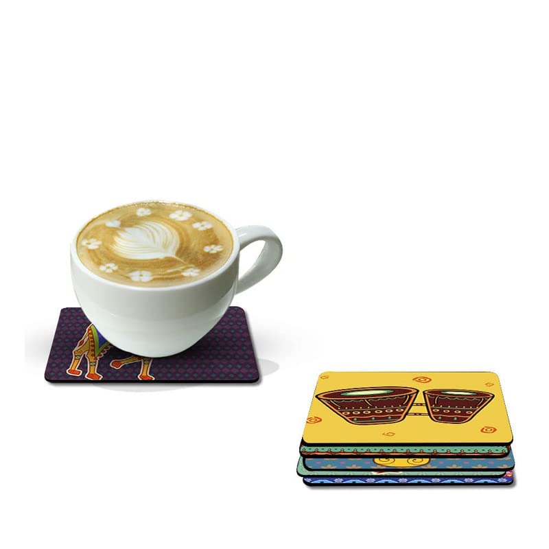 Shri Kanth Art Indian Culture Set of 6 Printed Coasters - 4x4 Inch MDF Square Coasters for Tea, Coffee & Water Glasses - Perfect for Home Decor, Kitchen & Dining Table Protection