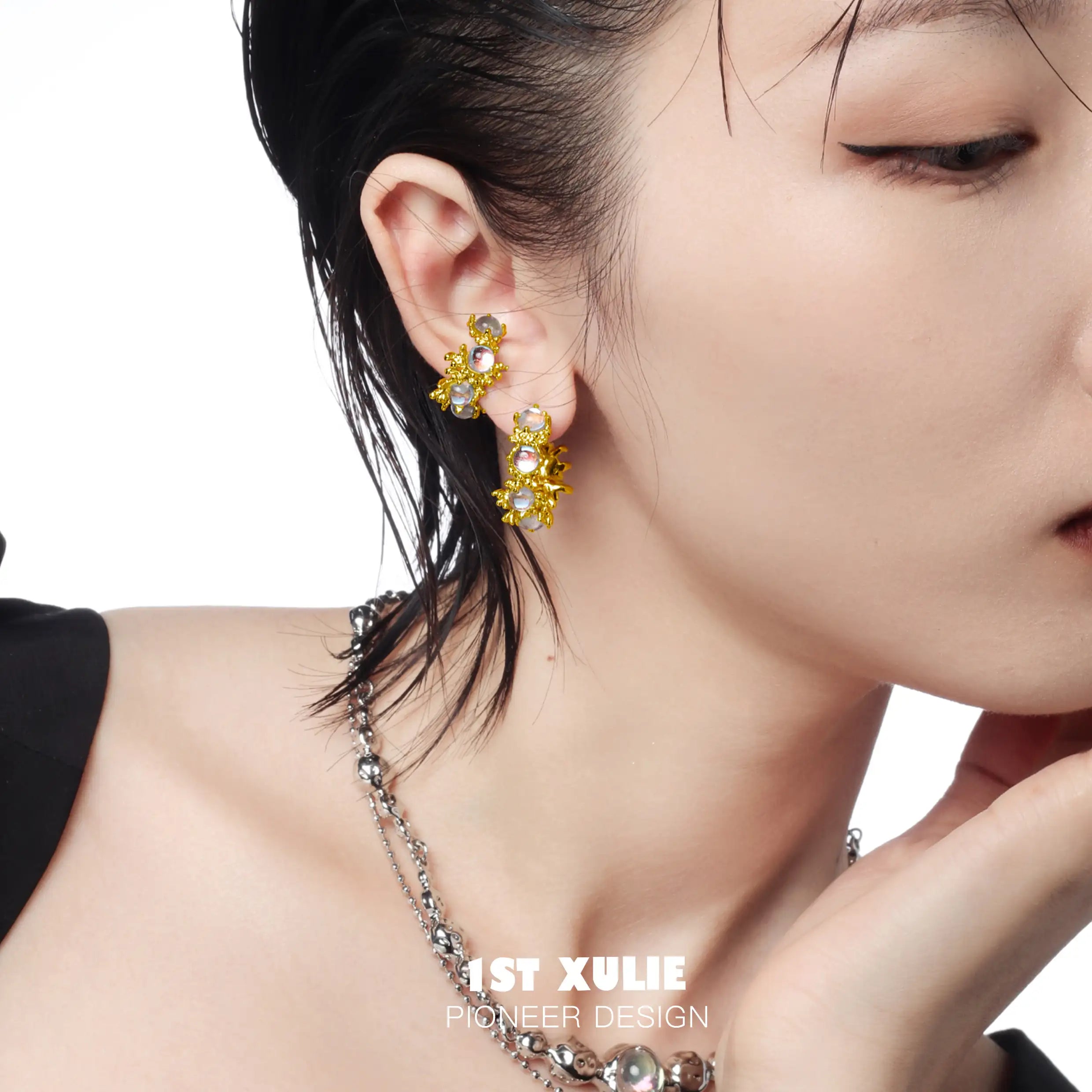 24K Gold Plated Moonstone Coral Earrings for Women - Sparkling Dangle Ear Clips for Party, Wedding & Evening Occasions