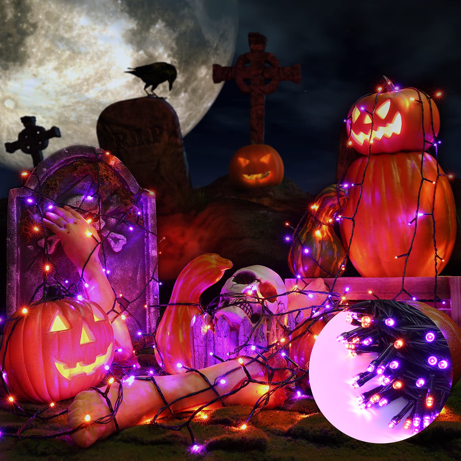 LYHOPE 98.4ft 300 LED Halloween String Lights - Orange & Purple Outdoor/Indoor Decor with 8 Lighting Modes for Garden, Patio, Party, Holiday & Christmas Decorations
