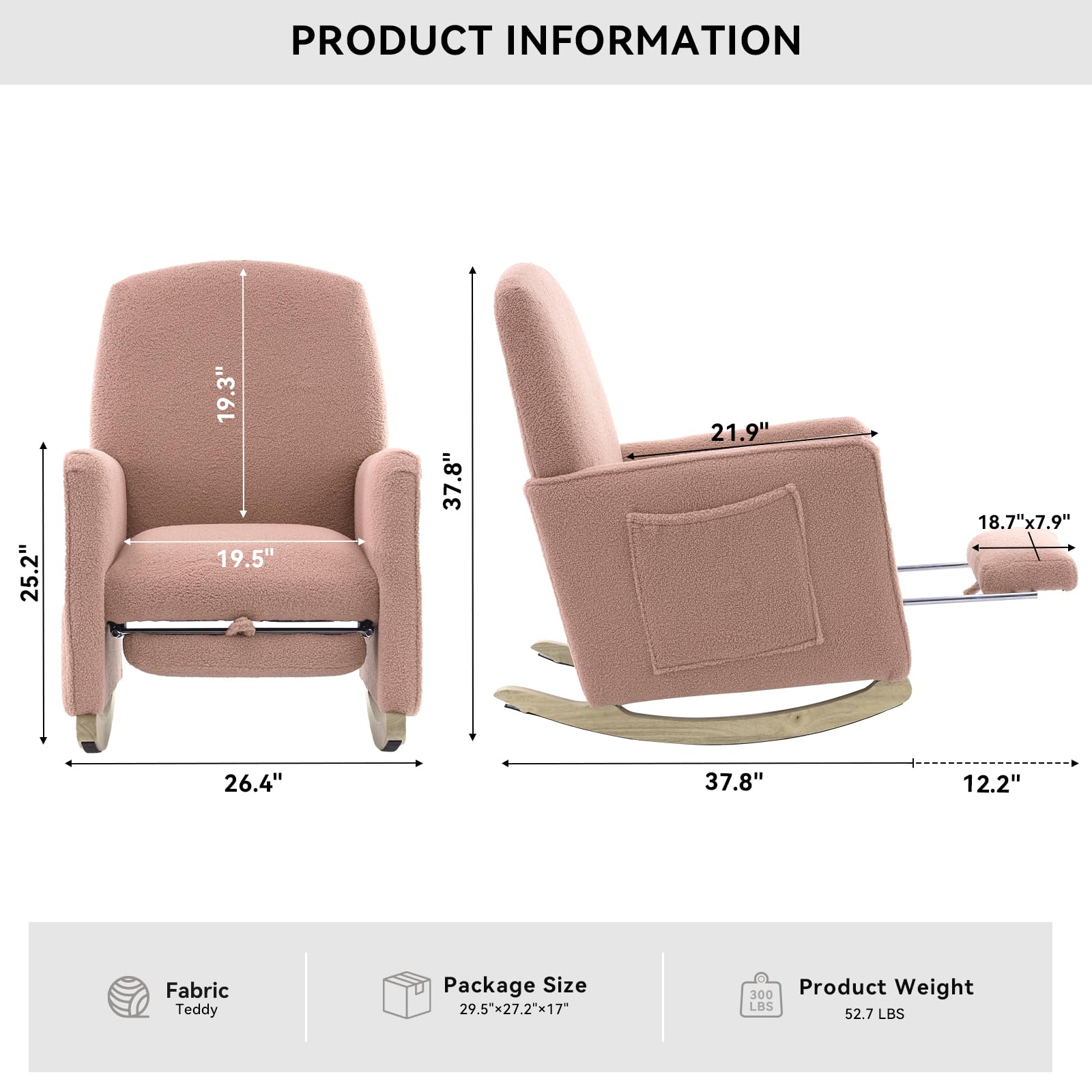 FOXHUNTER Adjustable Nursery Rocking Chair with High Backrest & Footrest - Glider Chair with Side Pockets for Baby Room - Soft Upholstered Rocking Chair for Living Room, Bedroom (Teddy Pink) - Perfect for Nursing, Reading & Relaxing