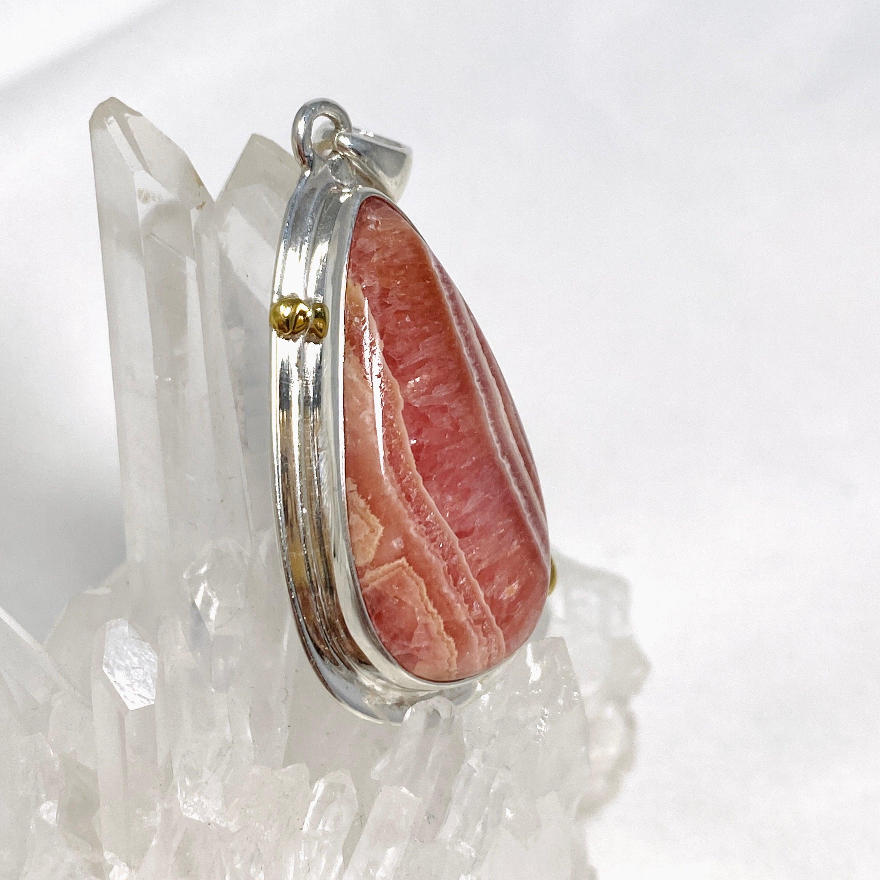 Rhodochrosite Teardrop Pendant Necklace with Brass Accents KPGJ4327 - Elegant Jewelry for Women, Perfect for Date Night & Special Occasions