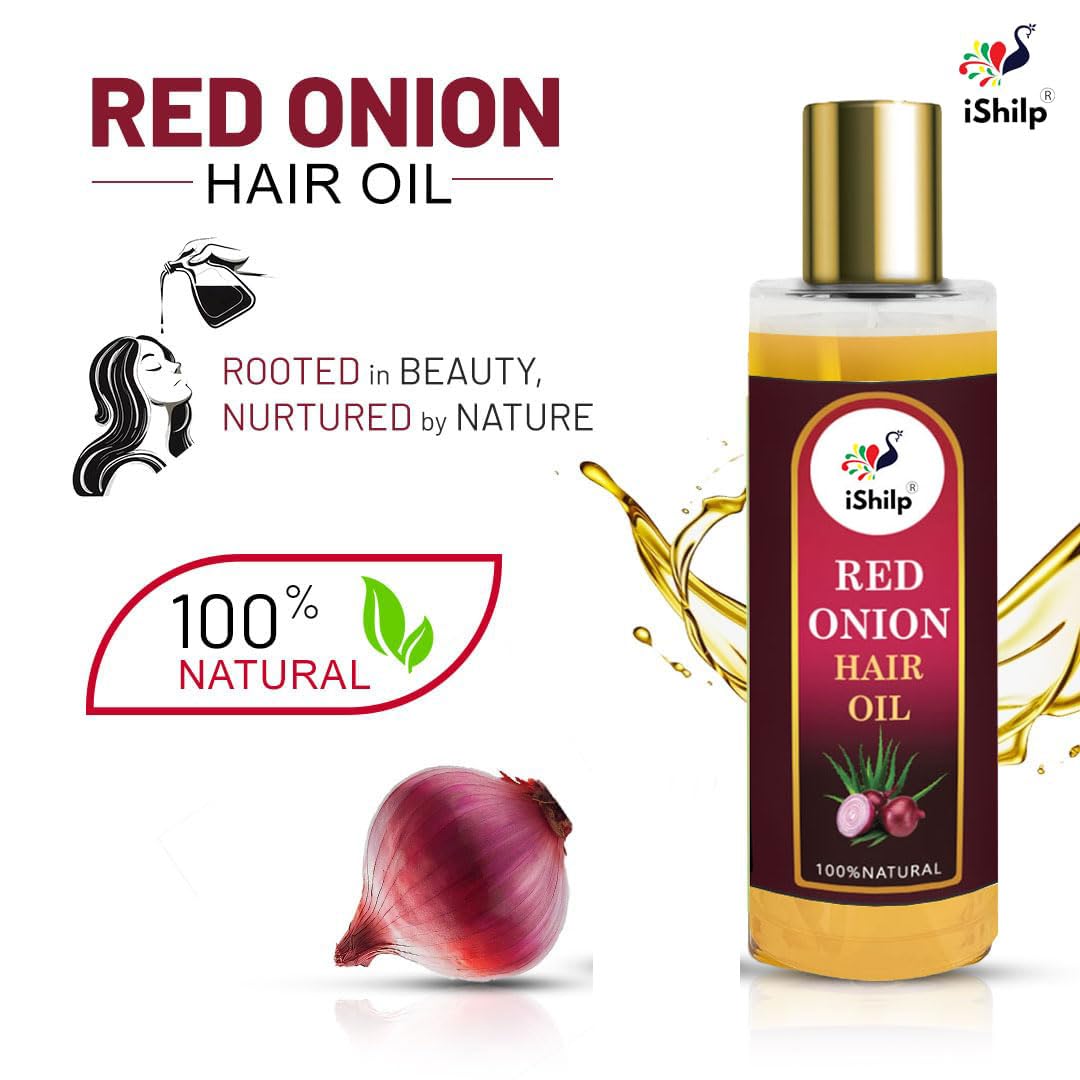 iShilp Red Onion Hair Oil for Shiny & Healthy Hair Growth | 100% Natural Onion Oil Treatment for Long, Strong & Beautiful Hair - 100ml | Perfect for Daily Hair Care & Scalp Nourishment at Home