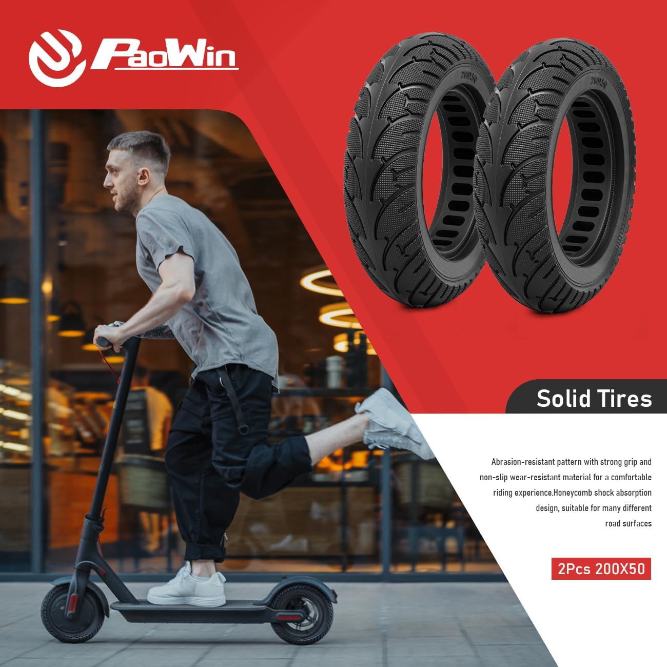2Pcs 200x50 Solid Rubber Tires - 8 Inch Electric Scooter Wheels Replacement for Front/Rear - Compatible with 200x50 E-Scooter Tires (P-T005) - Perfect for Commuting, Urban Travel & Last-Mile Delivery