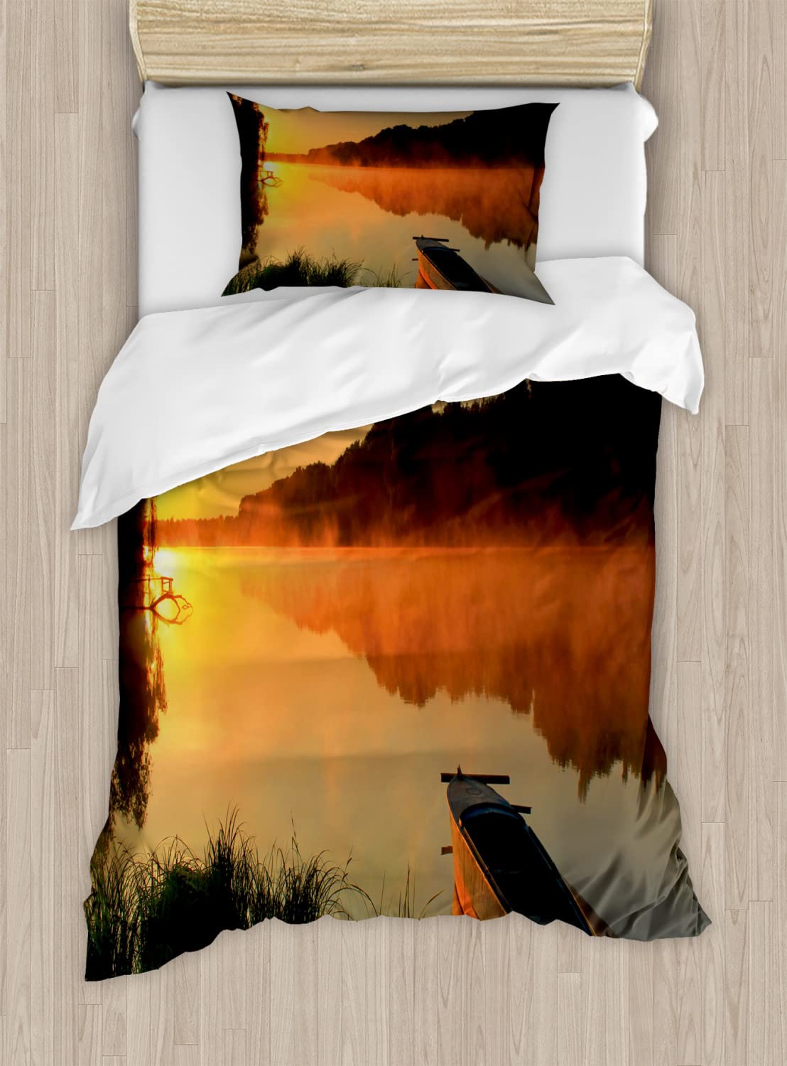 Ambesonne Lake Duvet Cover Set - Twin Size 2-Piece Fishing Theme Bedding with Boat Shore Design in Orange, Dark Green & Yellow | Perfect for Summer Mornings & Coastal Bedroom Decor