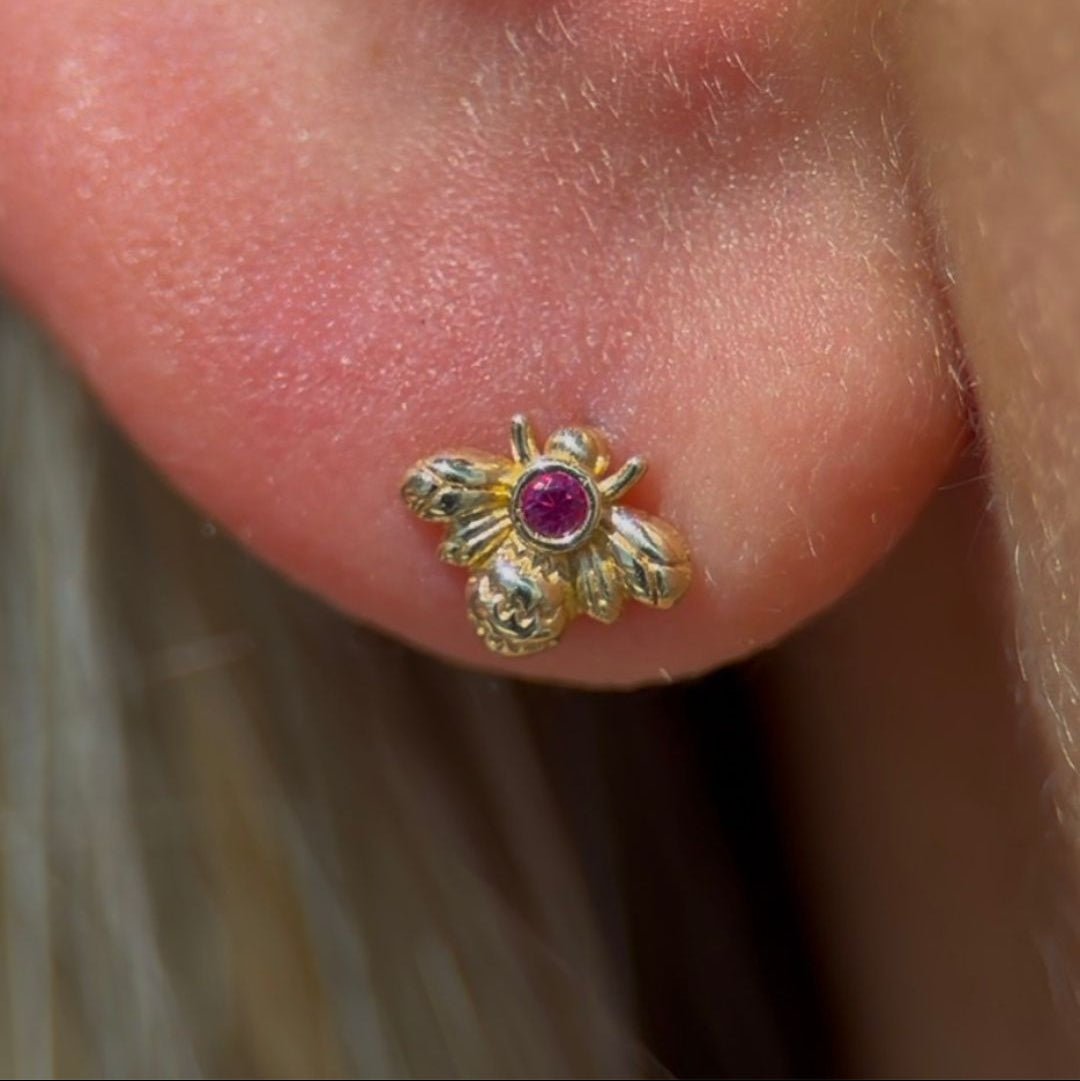 14K Yellow Gold Pink Ruby Bee Stud Earrings - Dainty Floral Jewelry for Women, Perfect for Everyday Wear, Gifts & Special Occasions