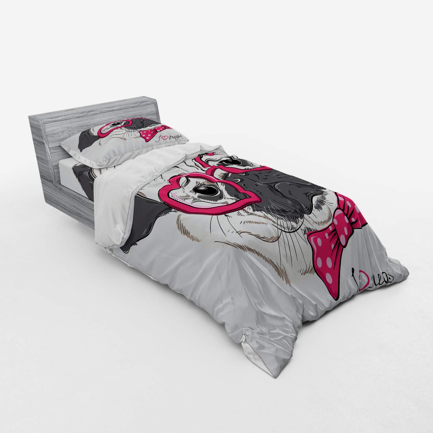 Ambesonne Pug Duvet Cover Set - 3 Piece Dog Themed Bedding with Sham & Fitted Sheet, Twin Size in Pink Grey White | Cute Pug with Heart Glasses & Bow Tie Design | Perfect for Kids Rooms, Pet Lovers & Unique Home Decor